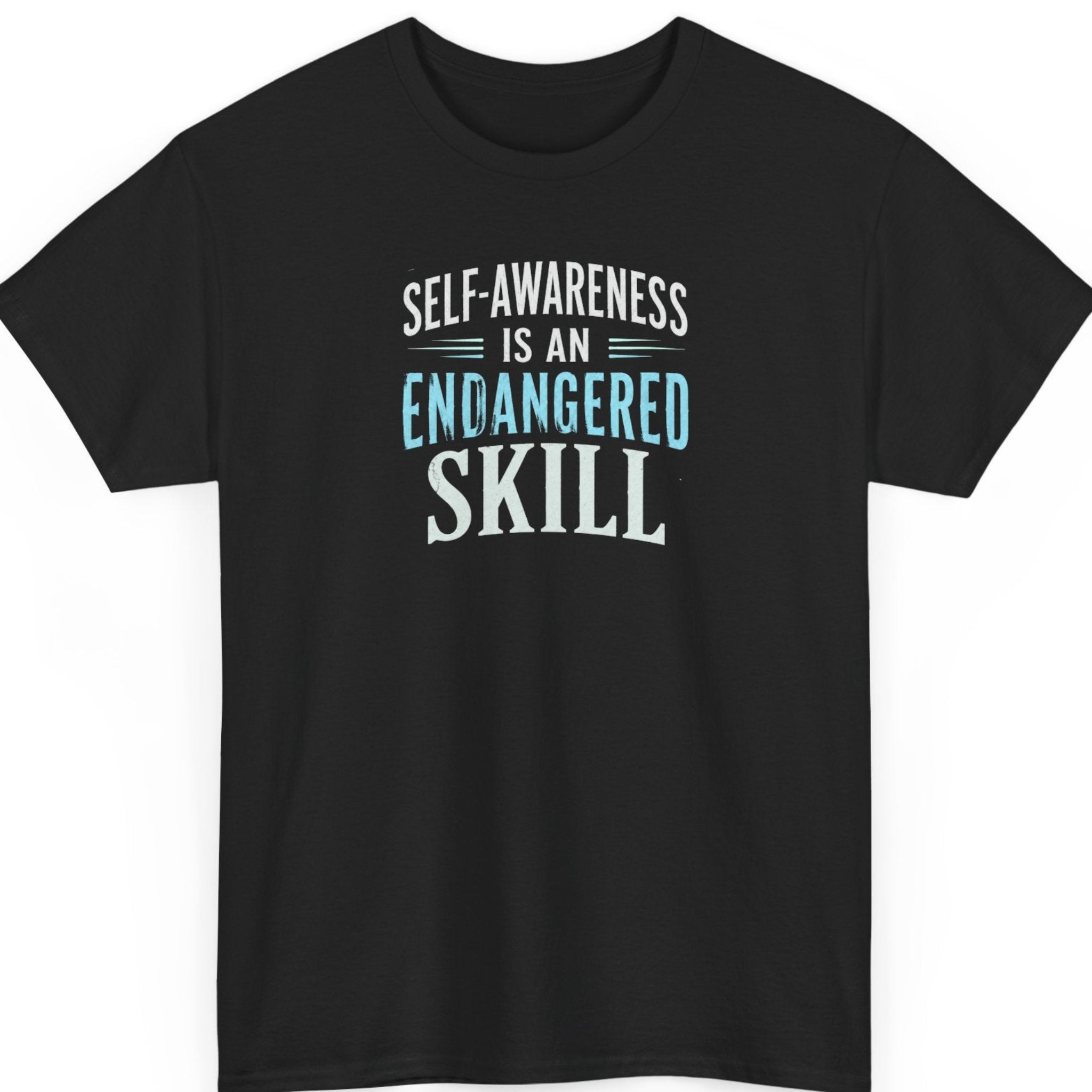 Mayhem Haus "Self-Awareness Is An Endangered Skill" graphic t-shirt on a black shirt featuring distressed white and blue typography in a bold stacked minimalist design.