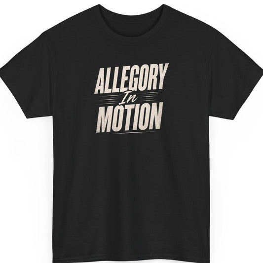 Mayhem Haus "Allegory In Motion" graphic t-shirt on a black shirt featuring distressed cream typography with an italic script "In" and subtle motion line accents in a bold stacked layout.