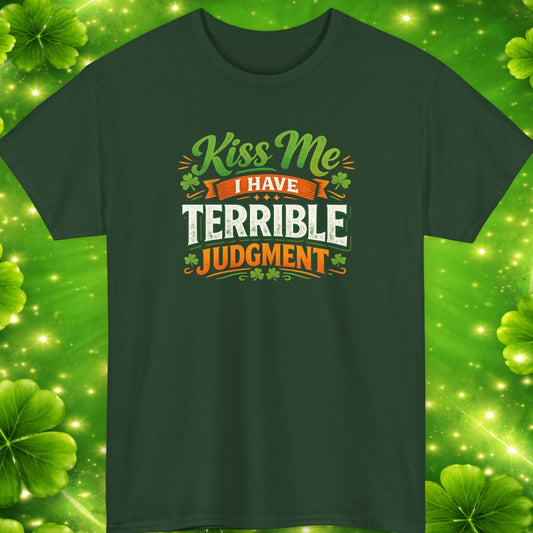 Green t-shirt with humorous text design on a green clover leaf background