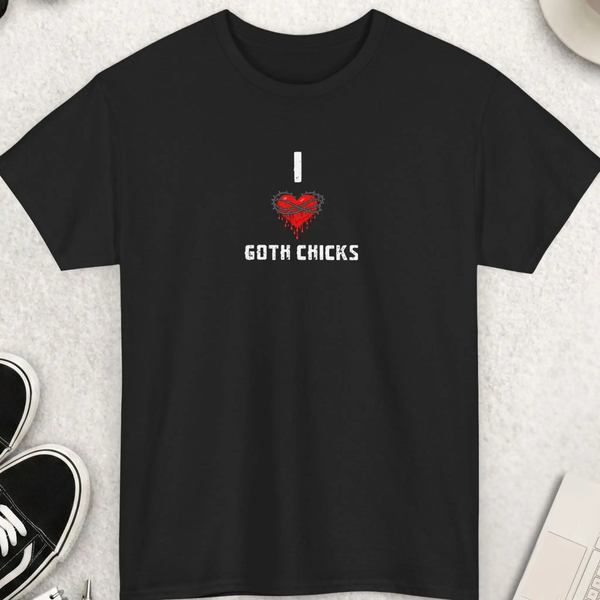 Black t-shirt with red dripping heart wrapped in barbed wire and text “I love goth chicks” edgy gothic design