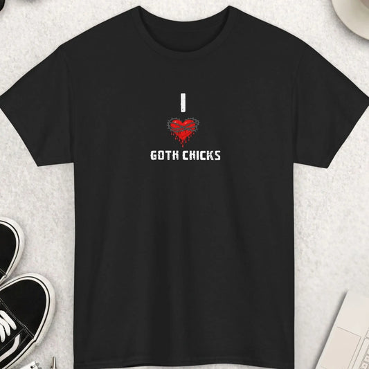 Black t-shirt with red dripping heart wrapped in barbed wire and text “I love goth chicks” edgy gothic design