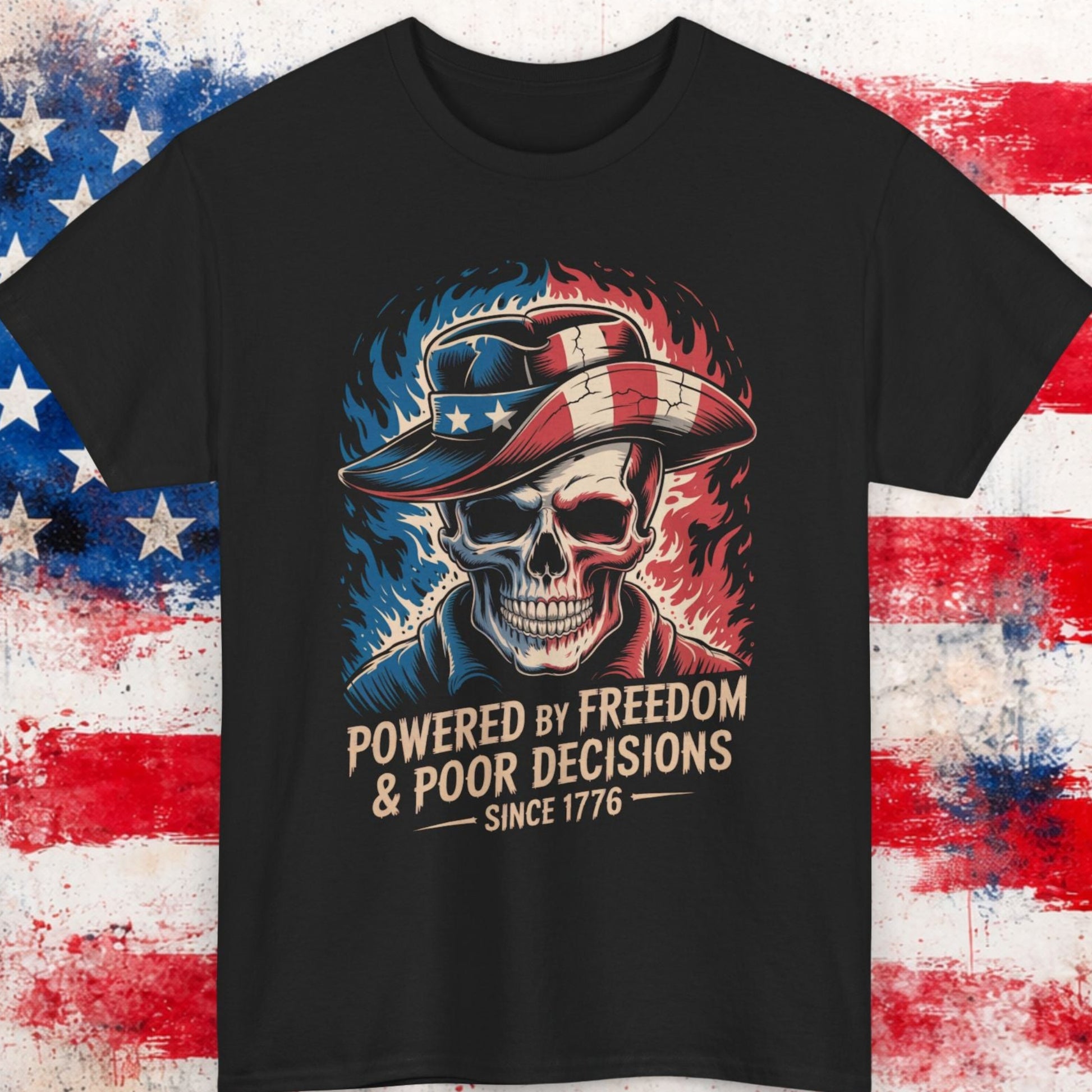 Black t-shirt with a skull wearing an American flag hat design on a background resembling the American flag.