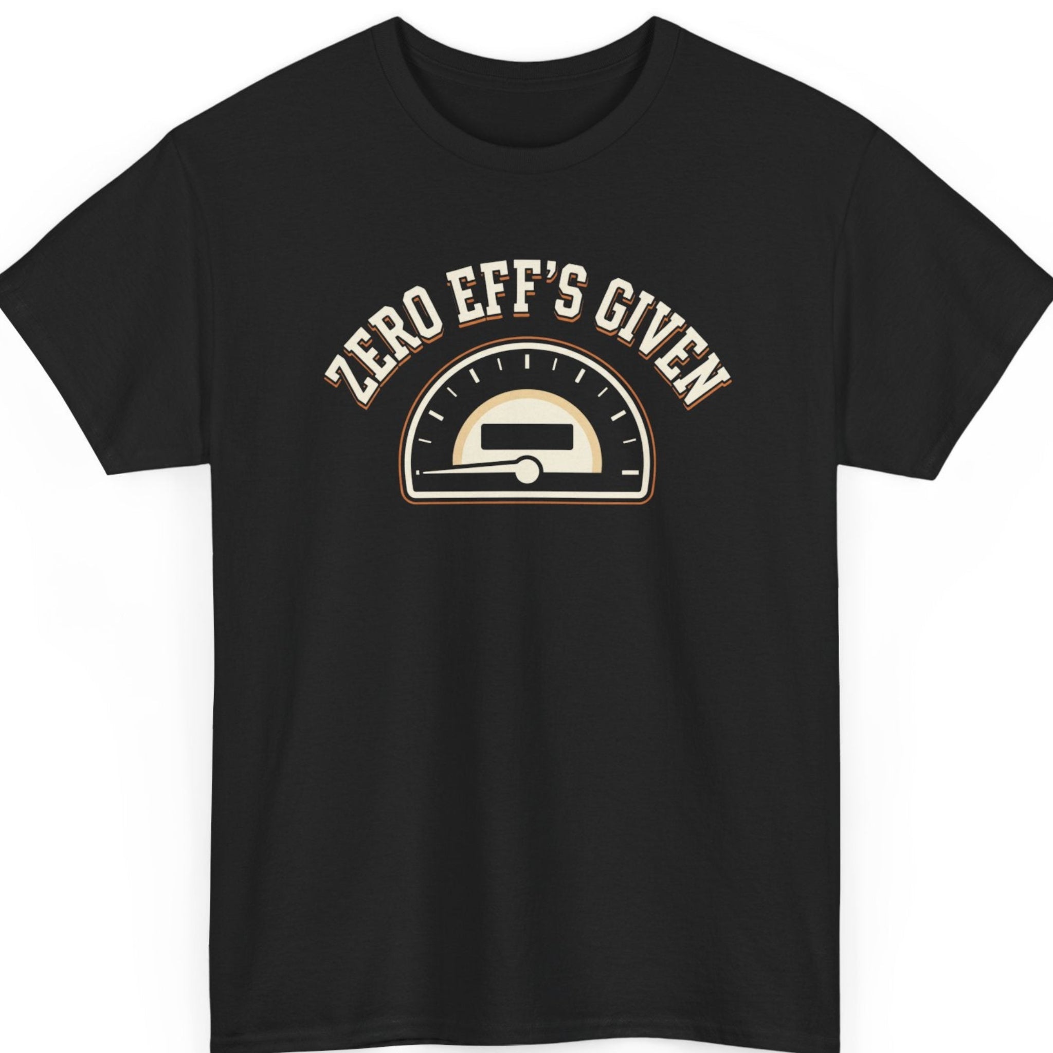 Mayhem Haus "Zero Eff's Given" graphic t-shirt on a black shirt featuring a vintage odometer gauge at zero with distressed cream typography and retro orange accents.
