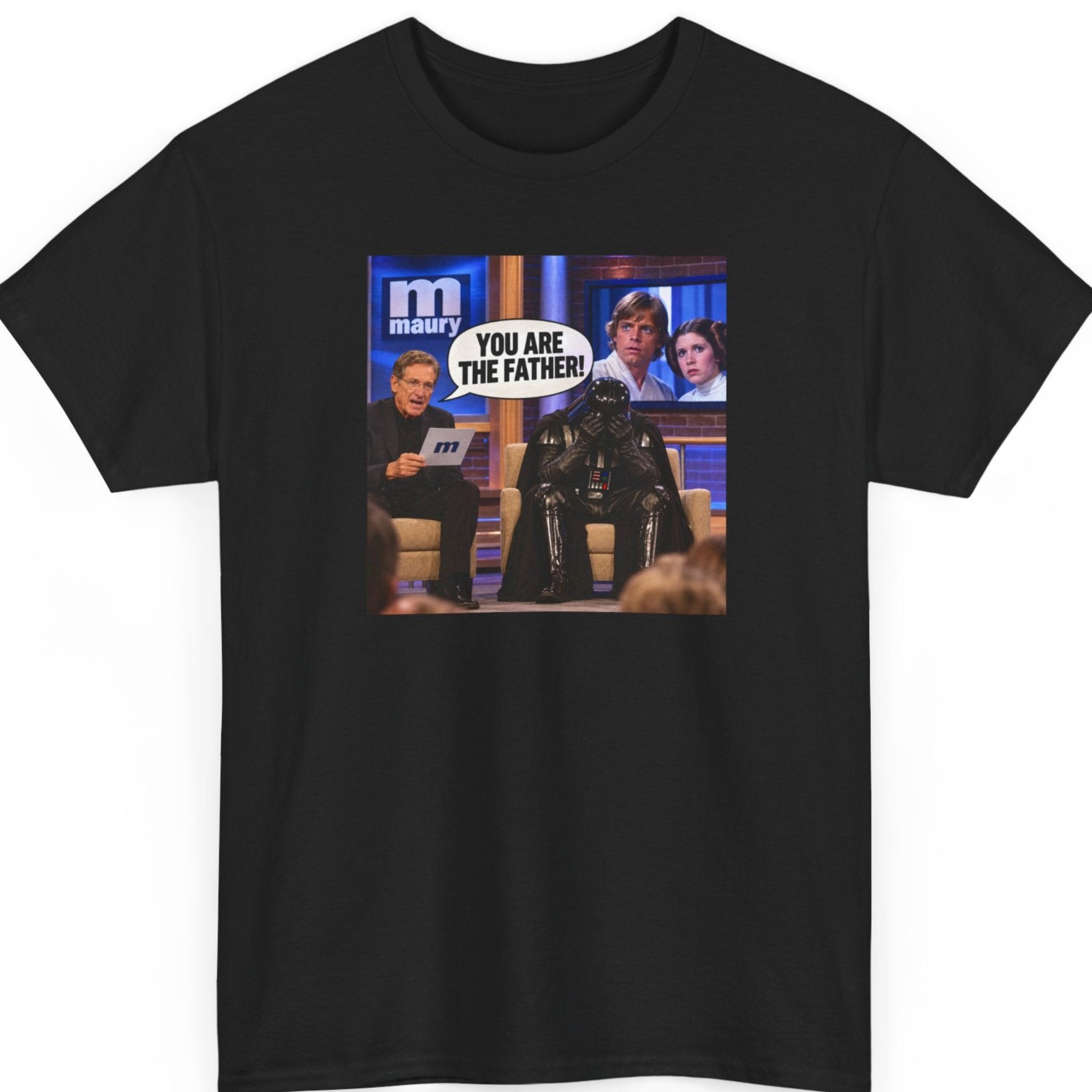 Mayhem Haus “You Are the Father” black t-shirt featuring a pop-culture parody of a daytime paternity talk show with a black-armored space villain seated onstage and twin space heroes displayed on a screen behind him.