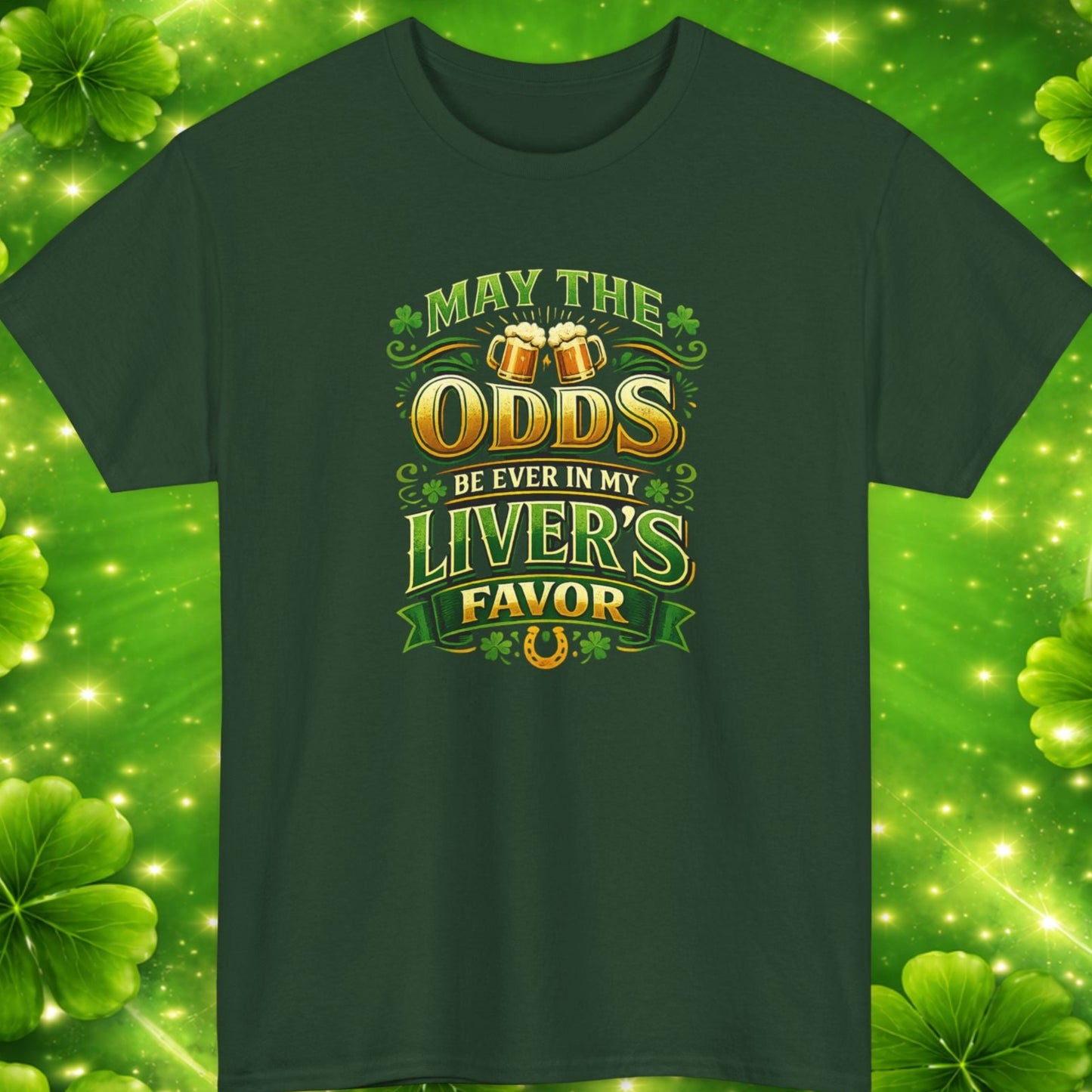 Green t-shirt with humorous text design on a green background with shamrocks