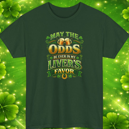 Green t-shirt with humorous text design on a green background with shamrocks