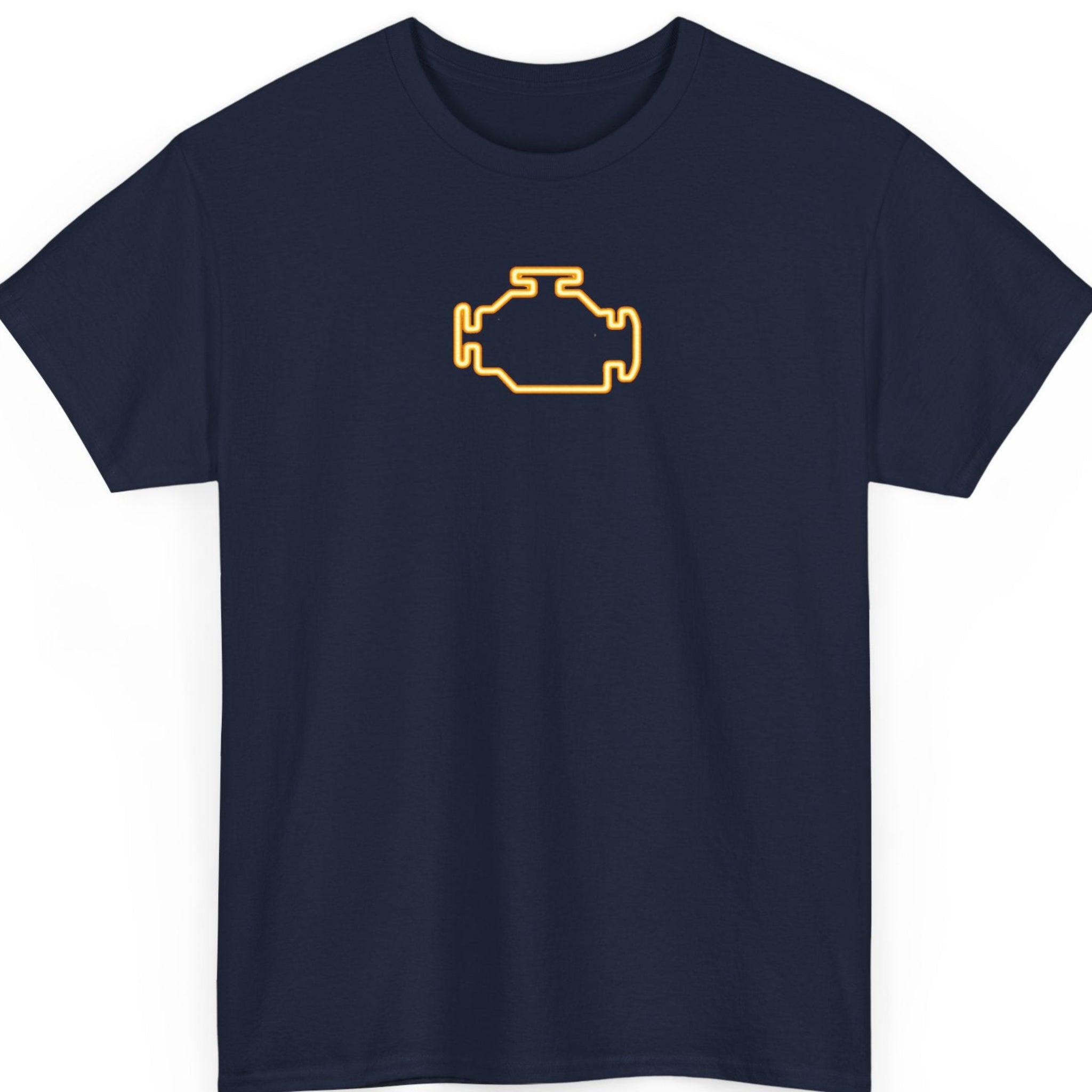 Mayhem Haus check engine light navy blue t-shirt featuring a minimalist amber automotive engine warning symbol in a clean chest graphic.