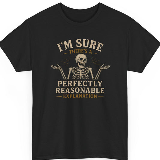 mayhem haus I'm Sure There's a Perfectly Reasonable Explanation funny skeleton graphic t-shirt featuring a shrugging skeleton with vintage distressed typography on black