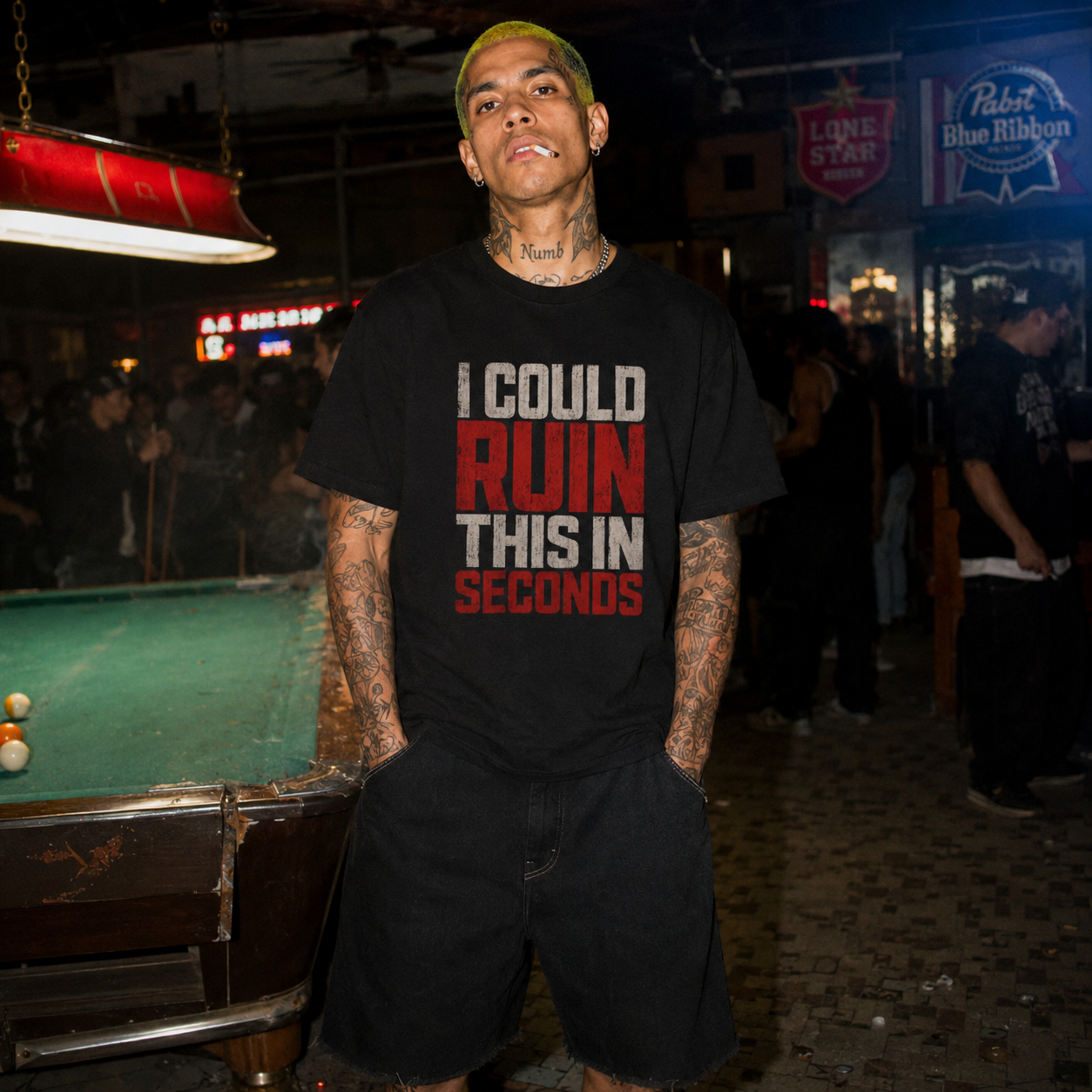 Mayhem Haus I Could Ruin This In Seconds Shirt on a person with tattoos and green hair