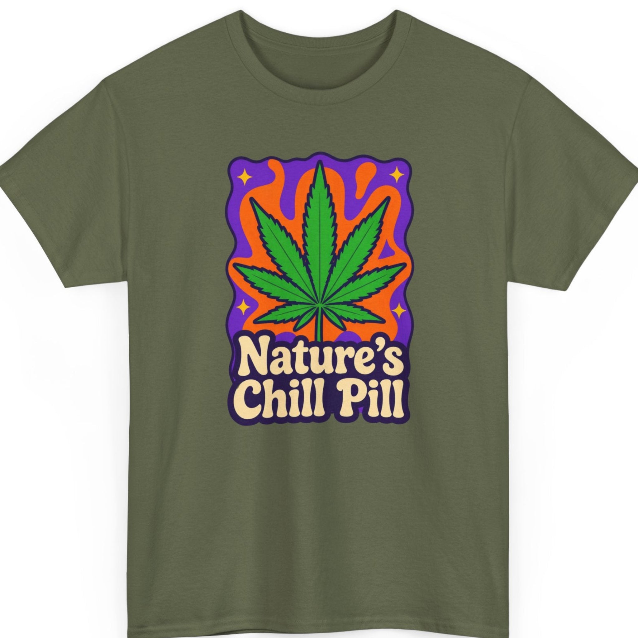 Mayhem Haus marijuana shirt on a military green tee featuring a vintage-inspired green cannabis leaf with bold orange and purple artwork and the phrase "Nature's Chill Pill."
