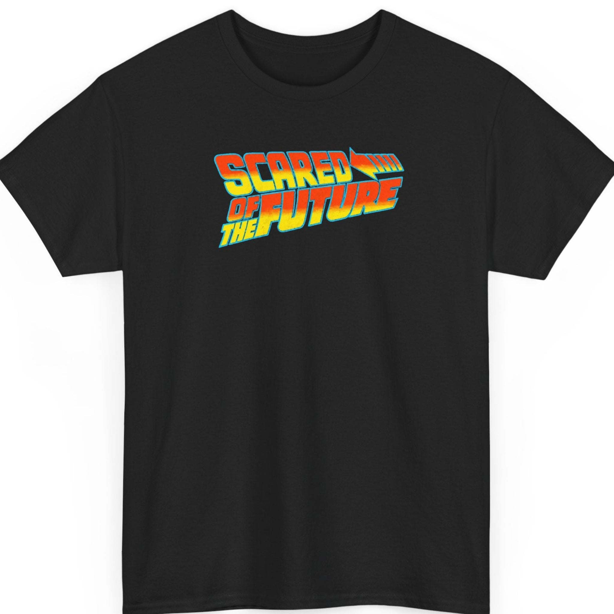 Mayhem Haus “Scared of the Future” black t-shirt featuring bold retro-futuristic typography with an orange-to-yellow gradient, bright cyan outlines, an angled layout, and a stylized arrow inspired by vintage science fiction.