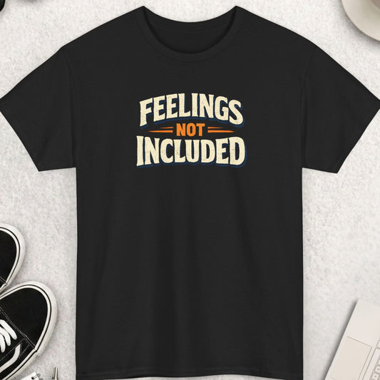 Black t-shirt with 'Feelings Not Included' text on a light gray surface with shoes, coffee, and accessories.