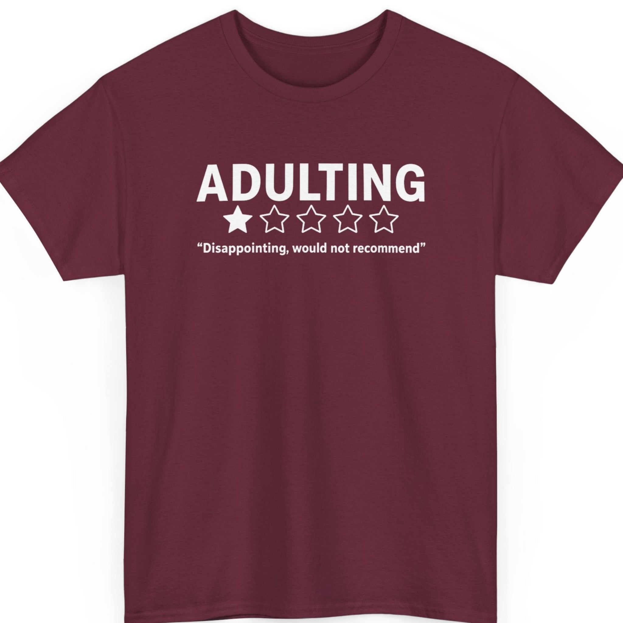 mayhem haus maroon sarcastic adult humor t-shirt featuring bold review-style typography with a one-star rating and the quote "Disappointing, would not recommend."