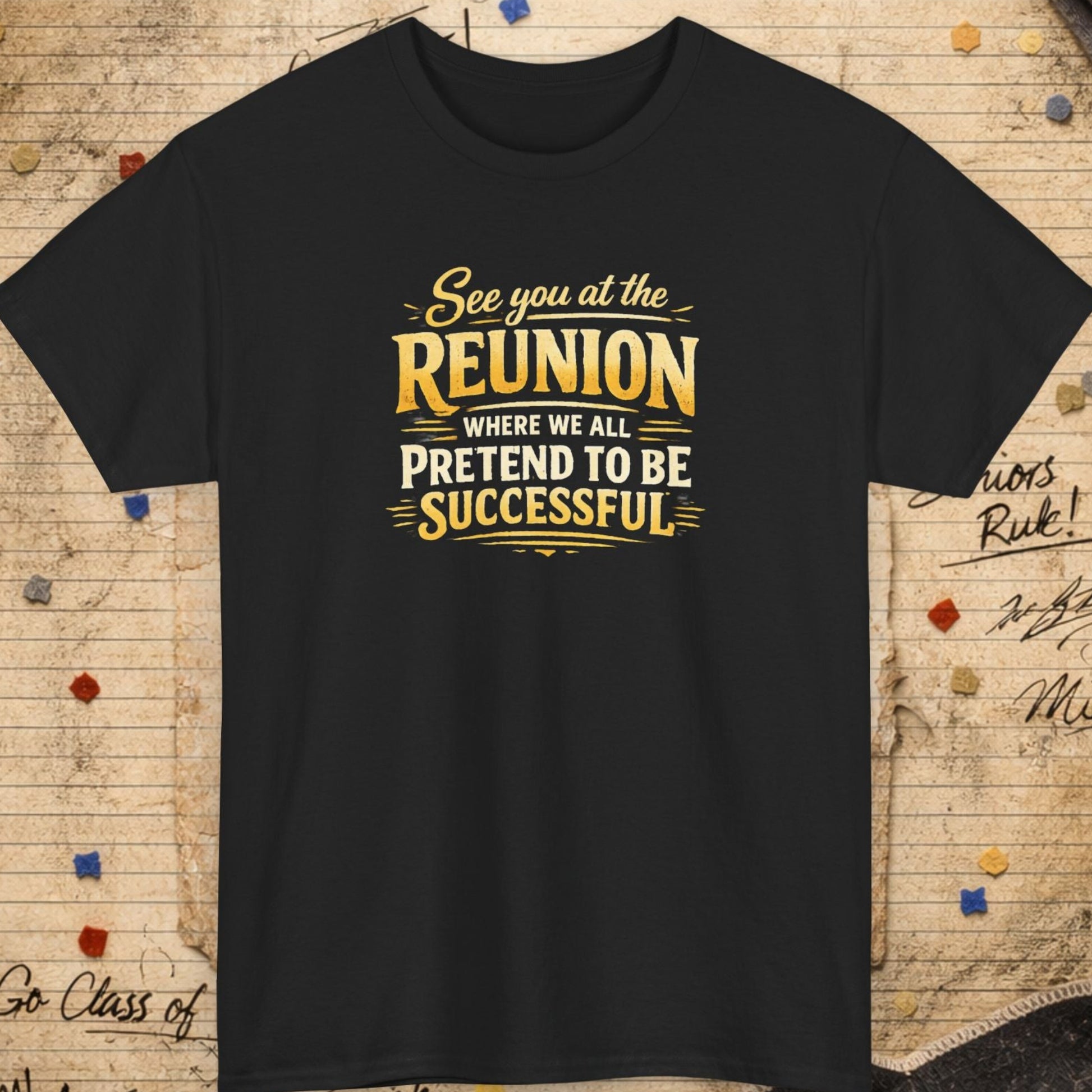 Black t-shirt with yellow text on a textured background