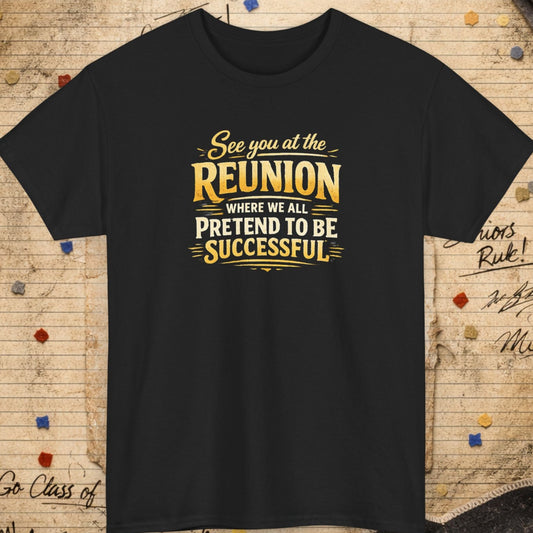 Black t-shirt with yellow text on a textured background