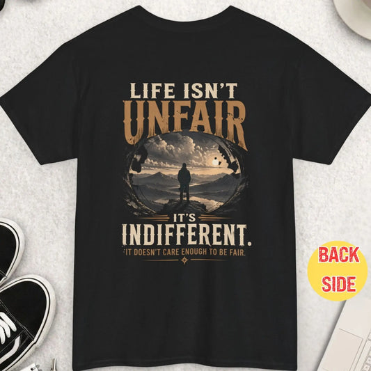 Black t-shirt with “life isn’t unfair it’s indifferent” text and lone figure standing on mountain overlooking landscape with dramatic sky
