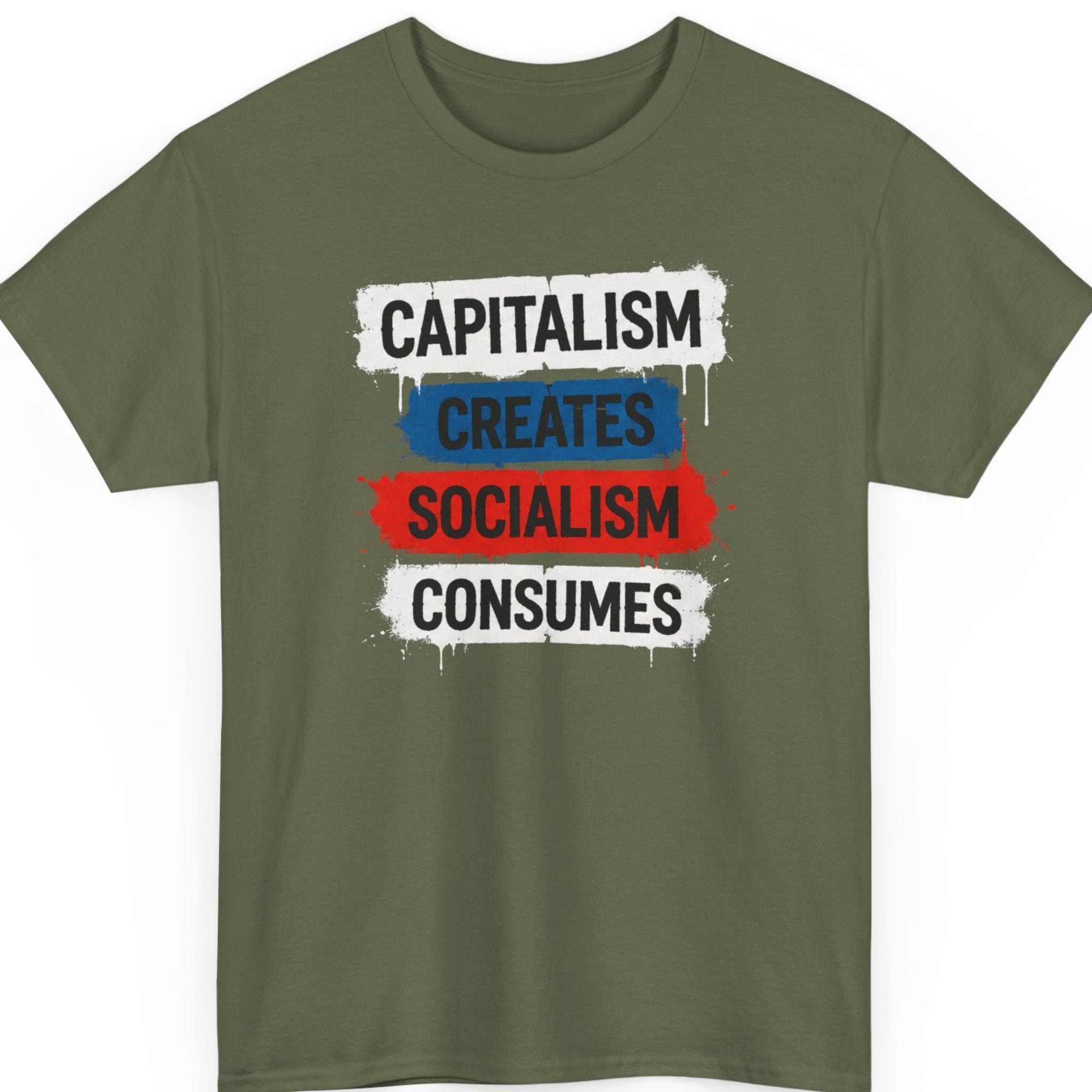 Mayhem Haus Capitalism Creates Socialism Consumes political graphic t-shirt on military green shirt
