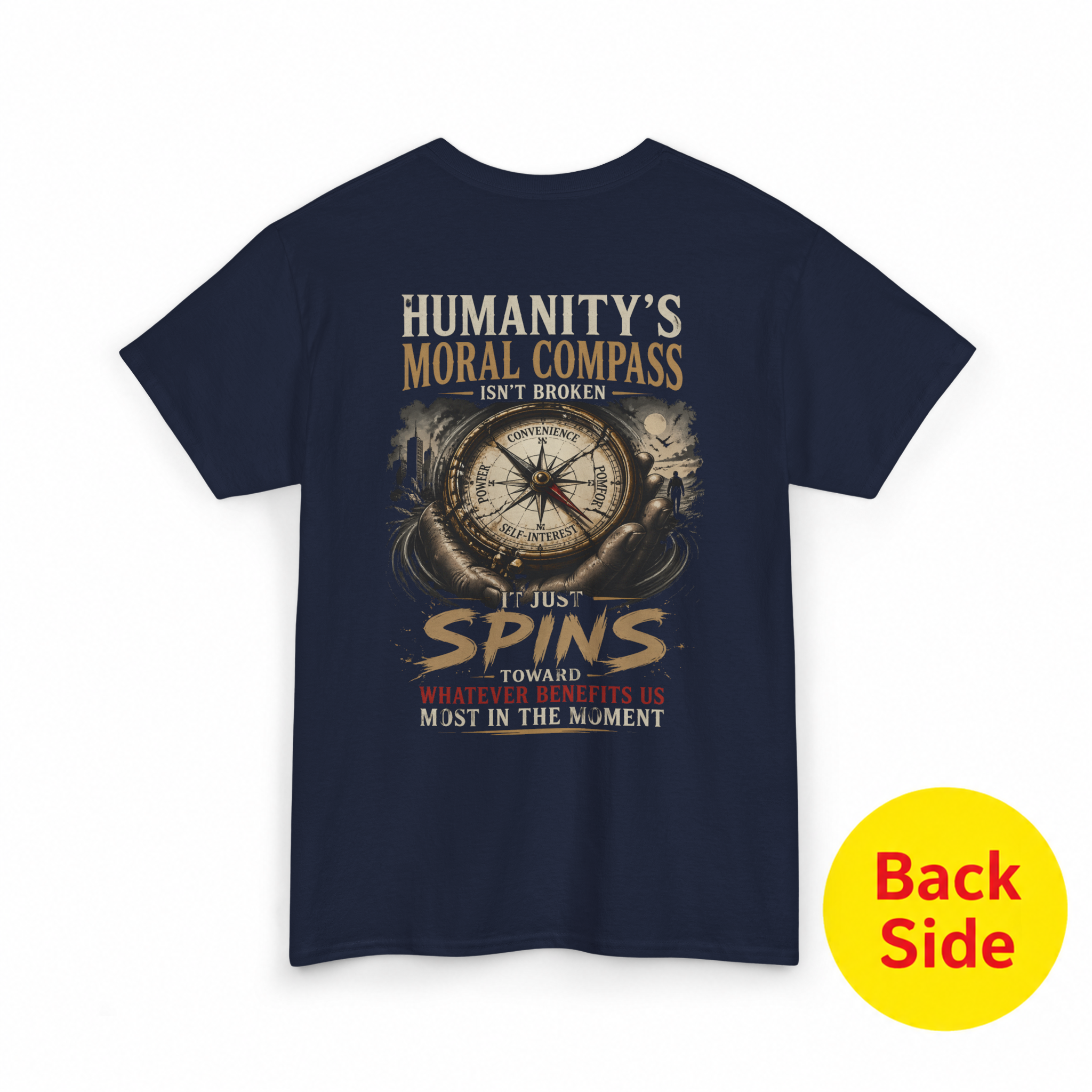Mayhem Haus Humanitys Moral Compass T-Shirt back with a compass graphic