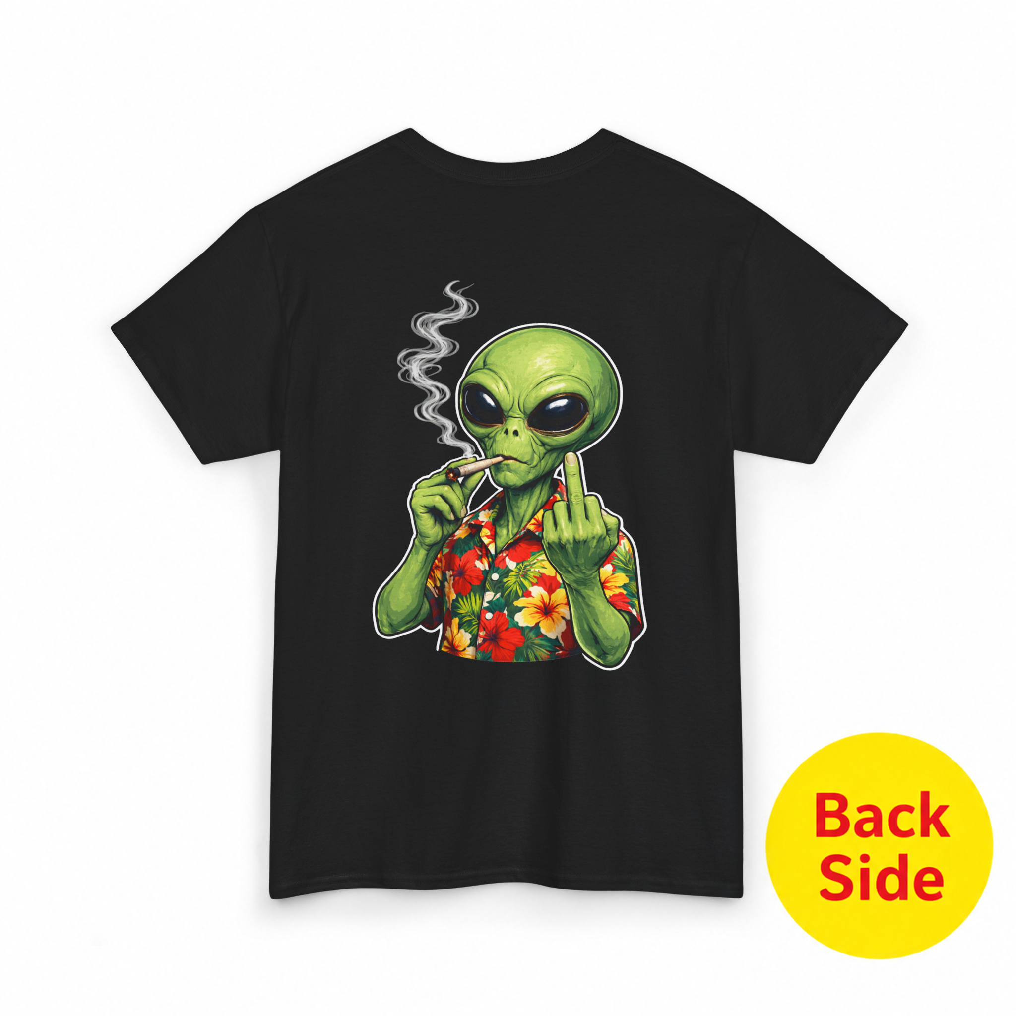 Back of Mayhem Haus Chill Alien T-Shirt with an alien smoking and giving the middle finger