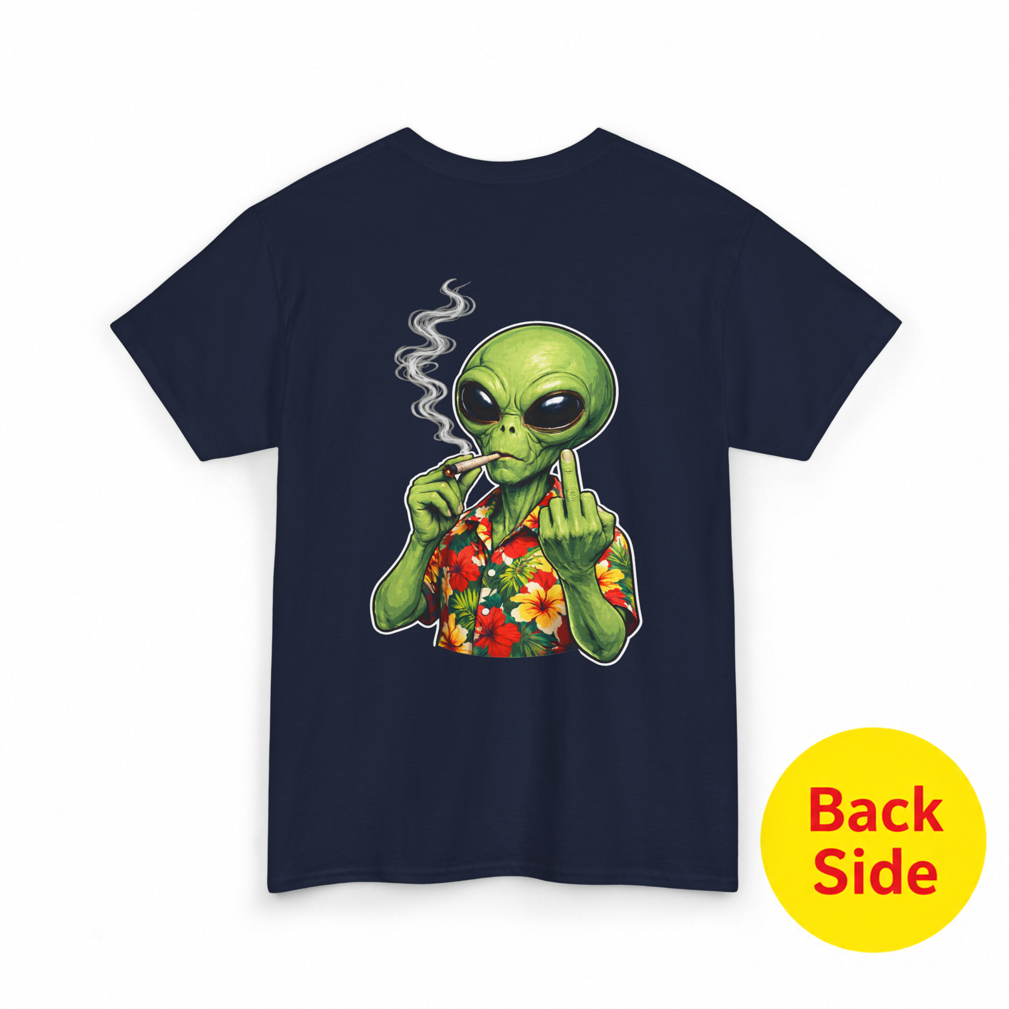 Mayhem Haus Chill Alien T-Shirt with an alien smoking and flipping the bird