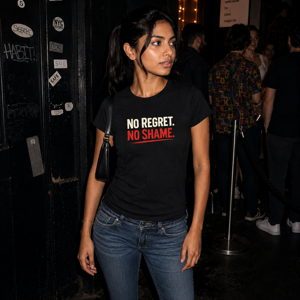 Mayhem Haus No Regret No Shame T-Shirt in black on a model