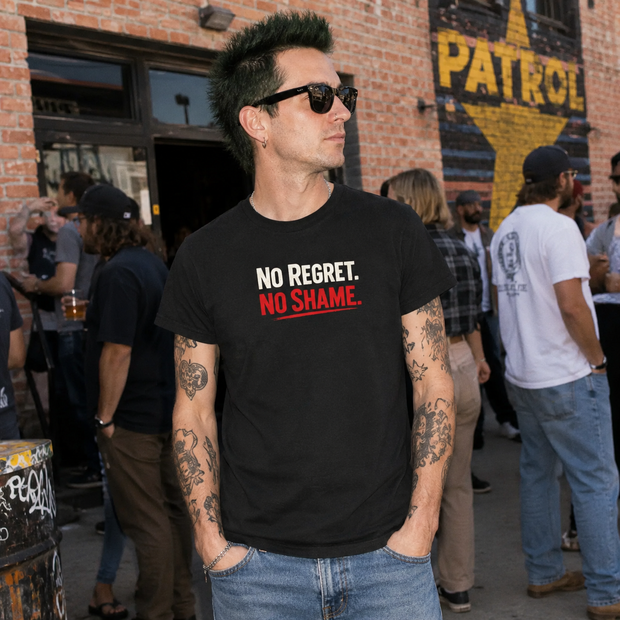 Mayhem Haus No Regret No Shame T-Shirt in black on a person with green hair and tattoos