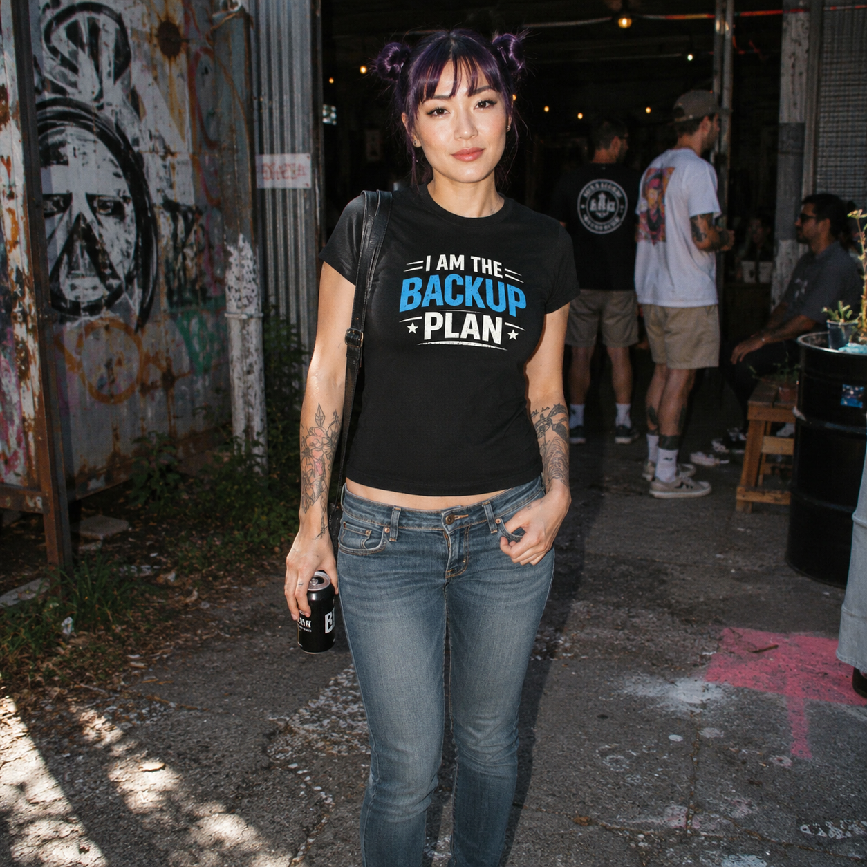 Mayhem Haus I Am The Backup Plan T-Shirt on a person with purple hair and tattoos