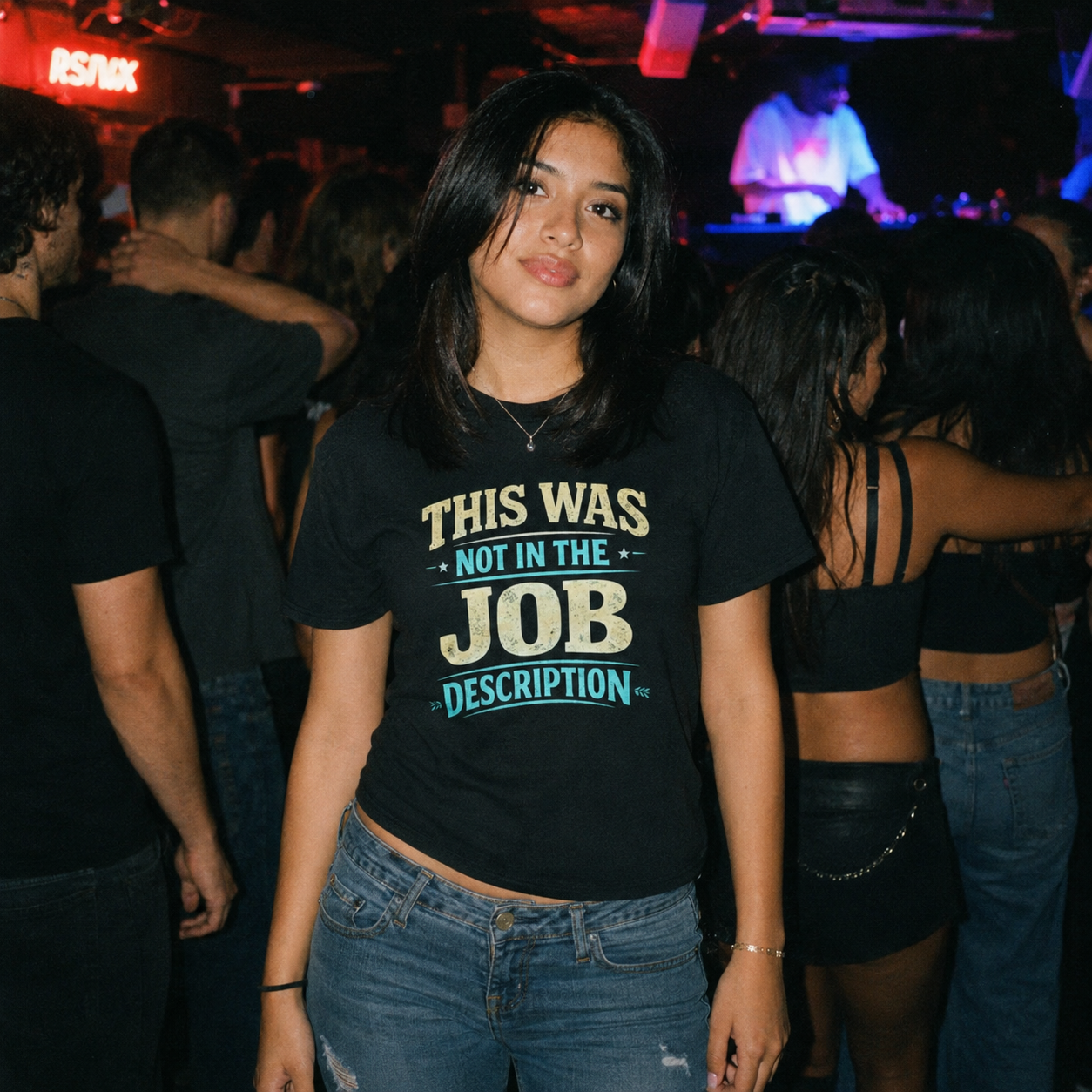 Mayhem Haus This Was Not In The Job Description T-Shirt on a person in a crowd