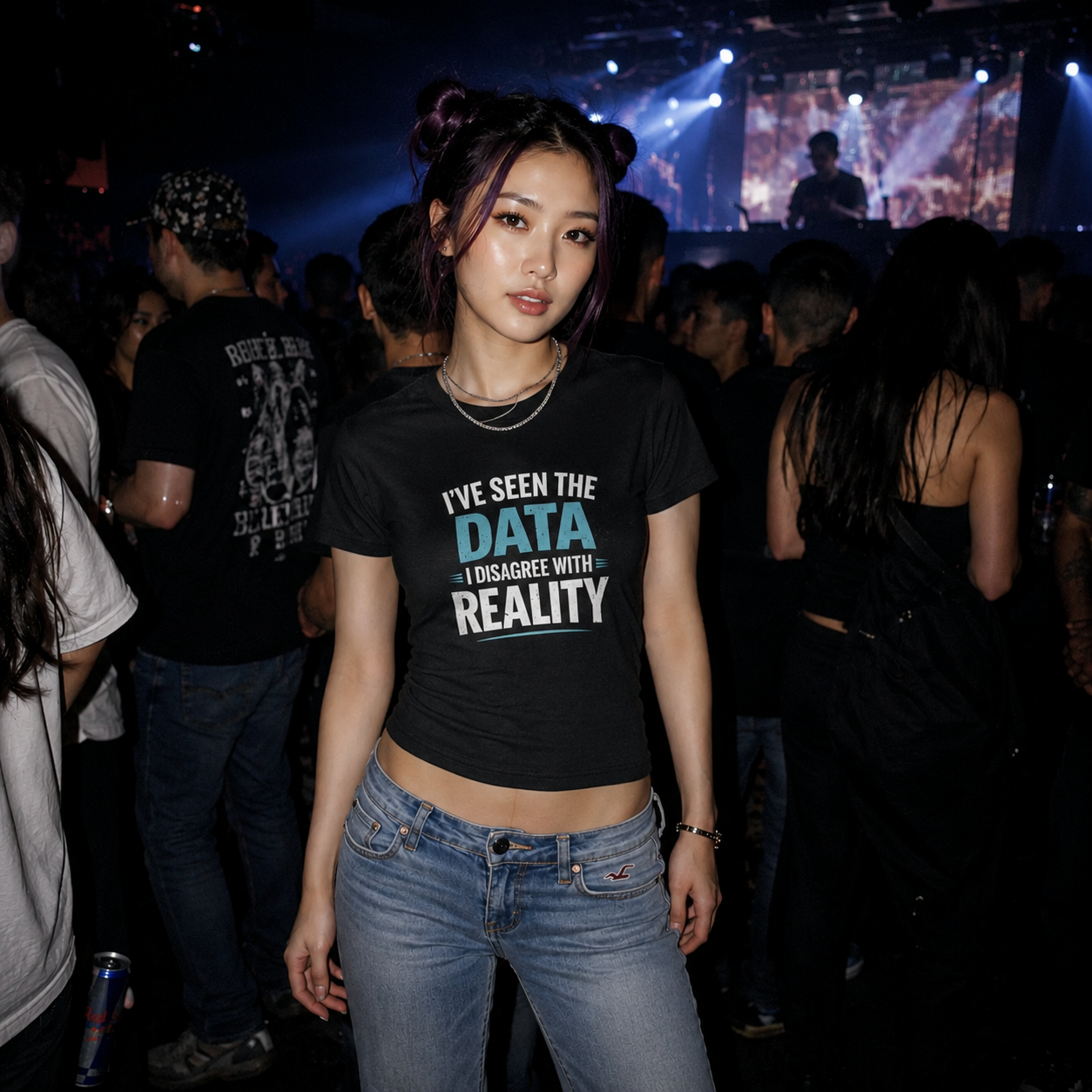 Mayhem Haus I've Seen the Data, I Disagree with Reality T-Shirt on a woman in a club