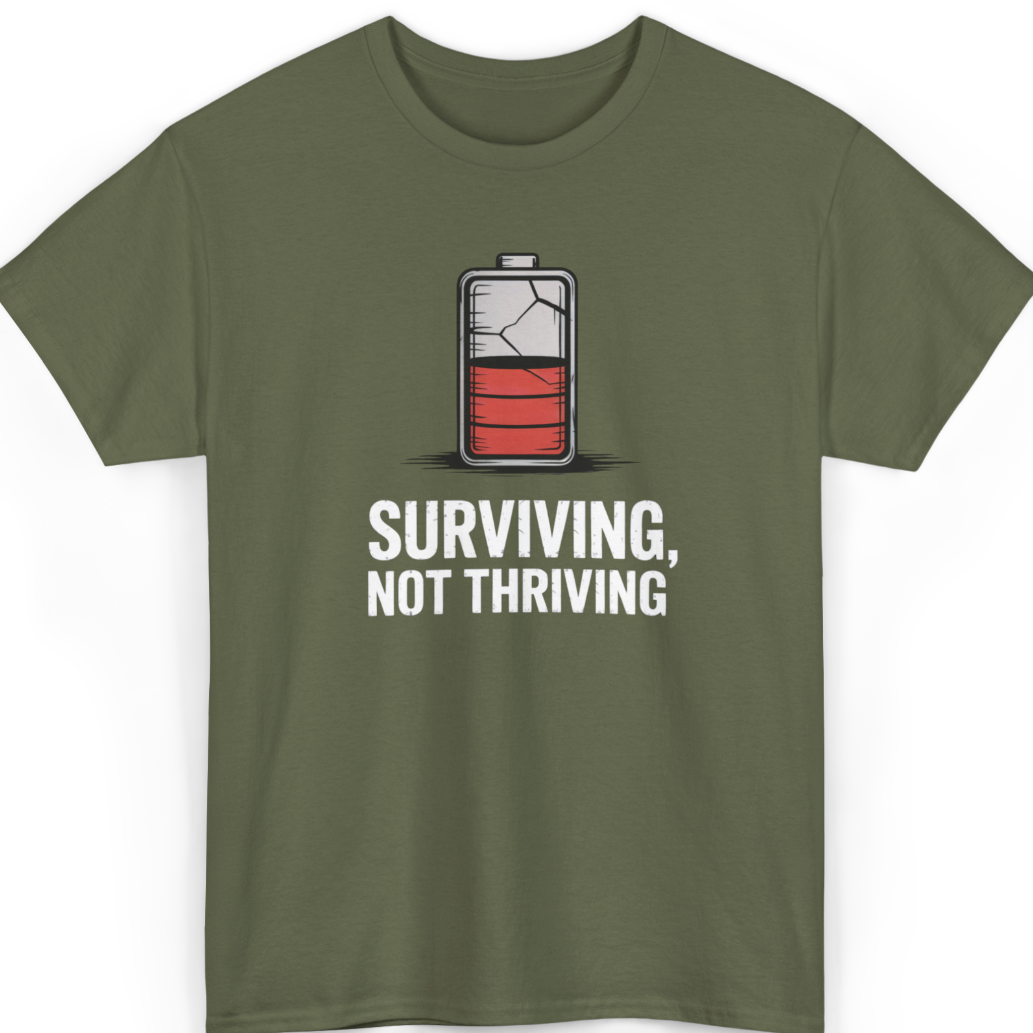 Mayhem Haus Surviving, Not Thriving T-Shirt in olive green with a cracked, low battery graphic