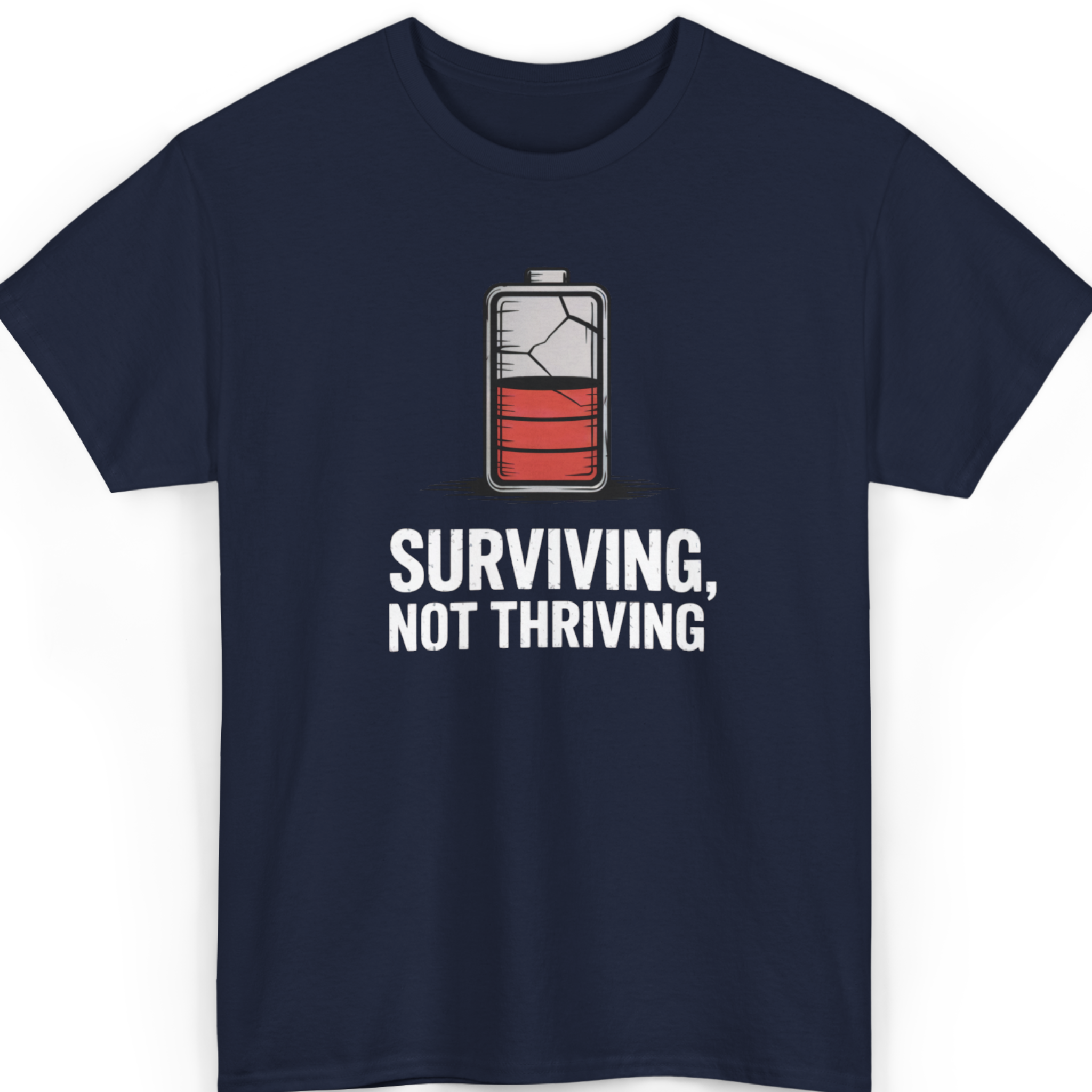 Mayhem Haus Surviving Not Thriving T-Shirt in navy with a cracked, low battery graphic