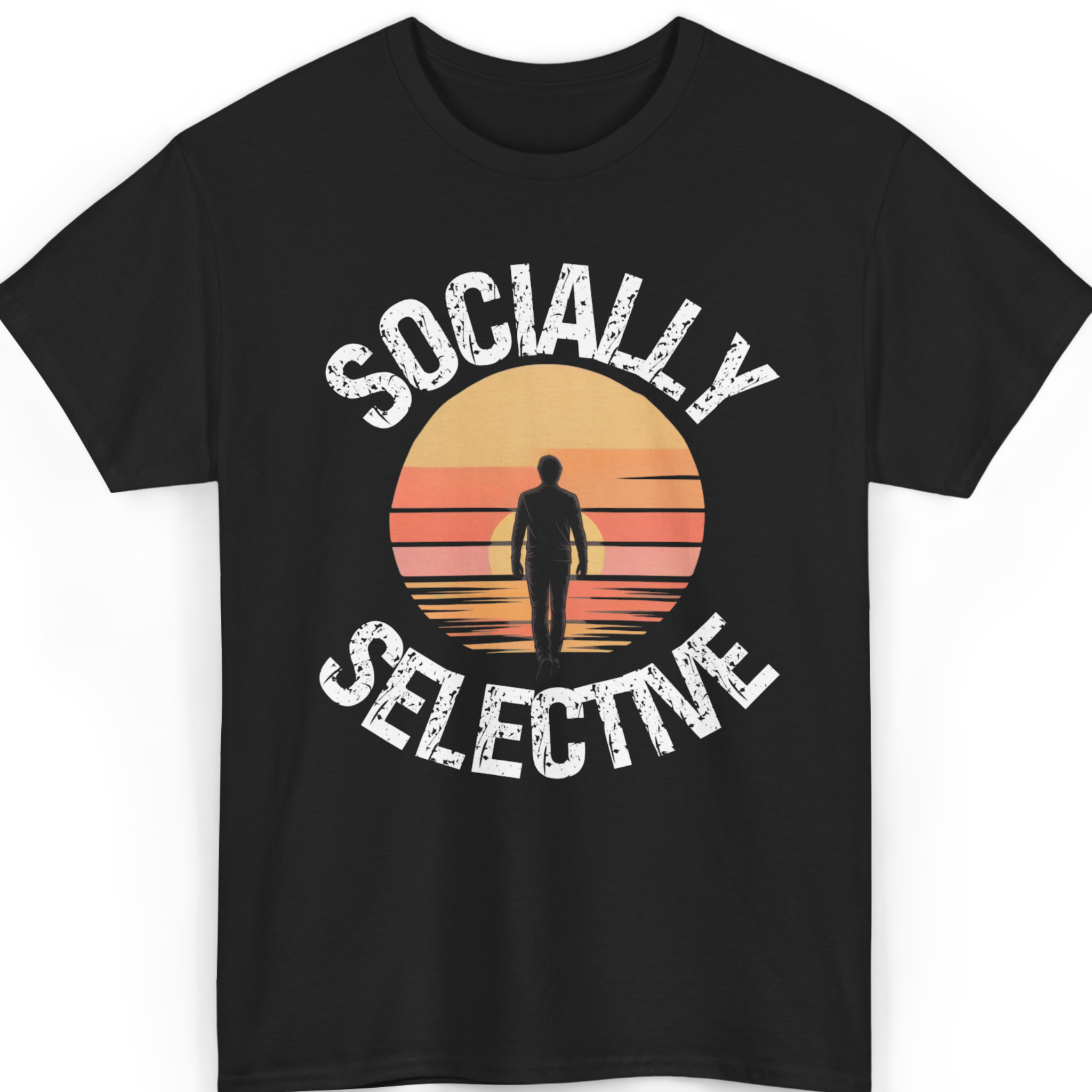 Mayhem Haus Socially Selective T-Shirt with a person walking into a sunset graphic