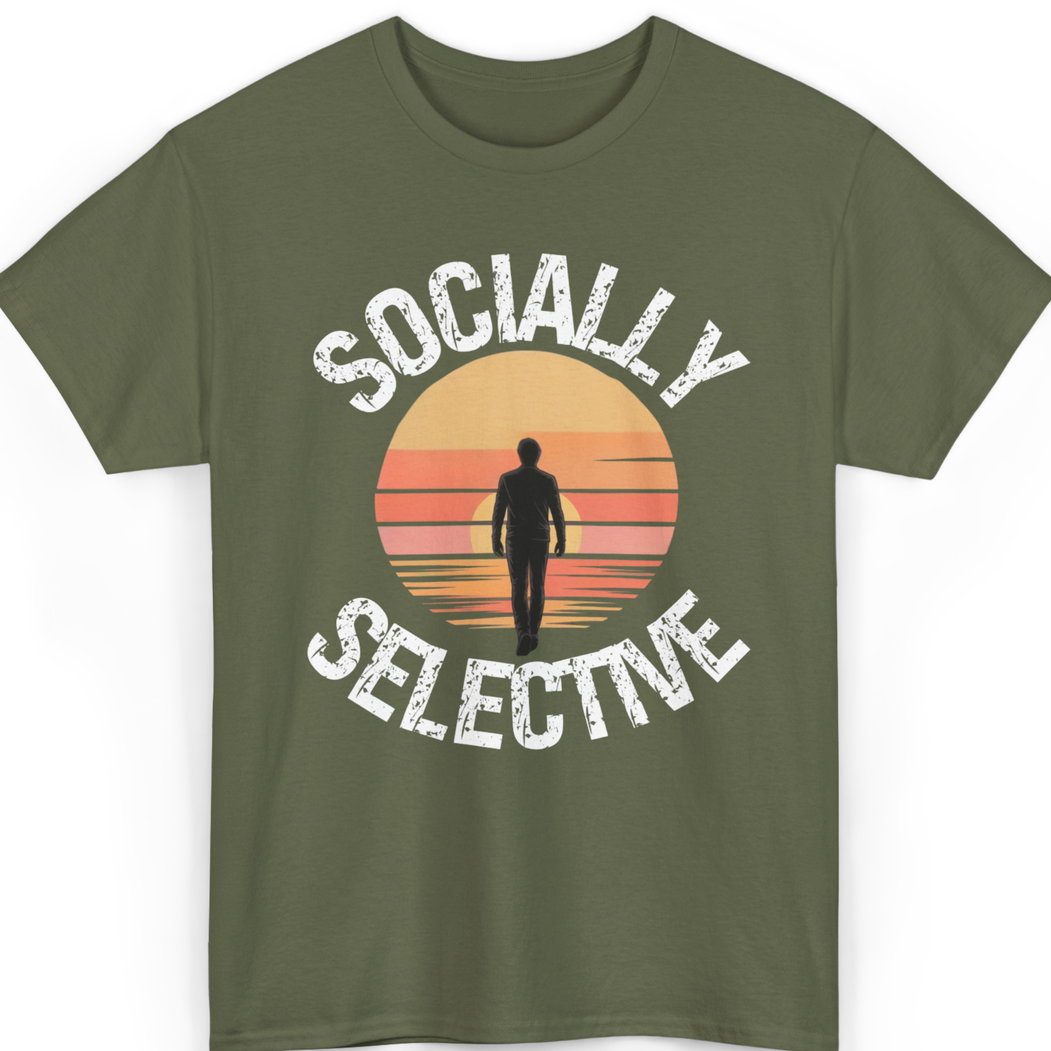 Mayhem Haus Socially Selective T-Shirt in olive green with a graphic of a person walking into a sunset