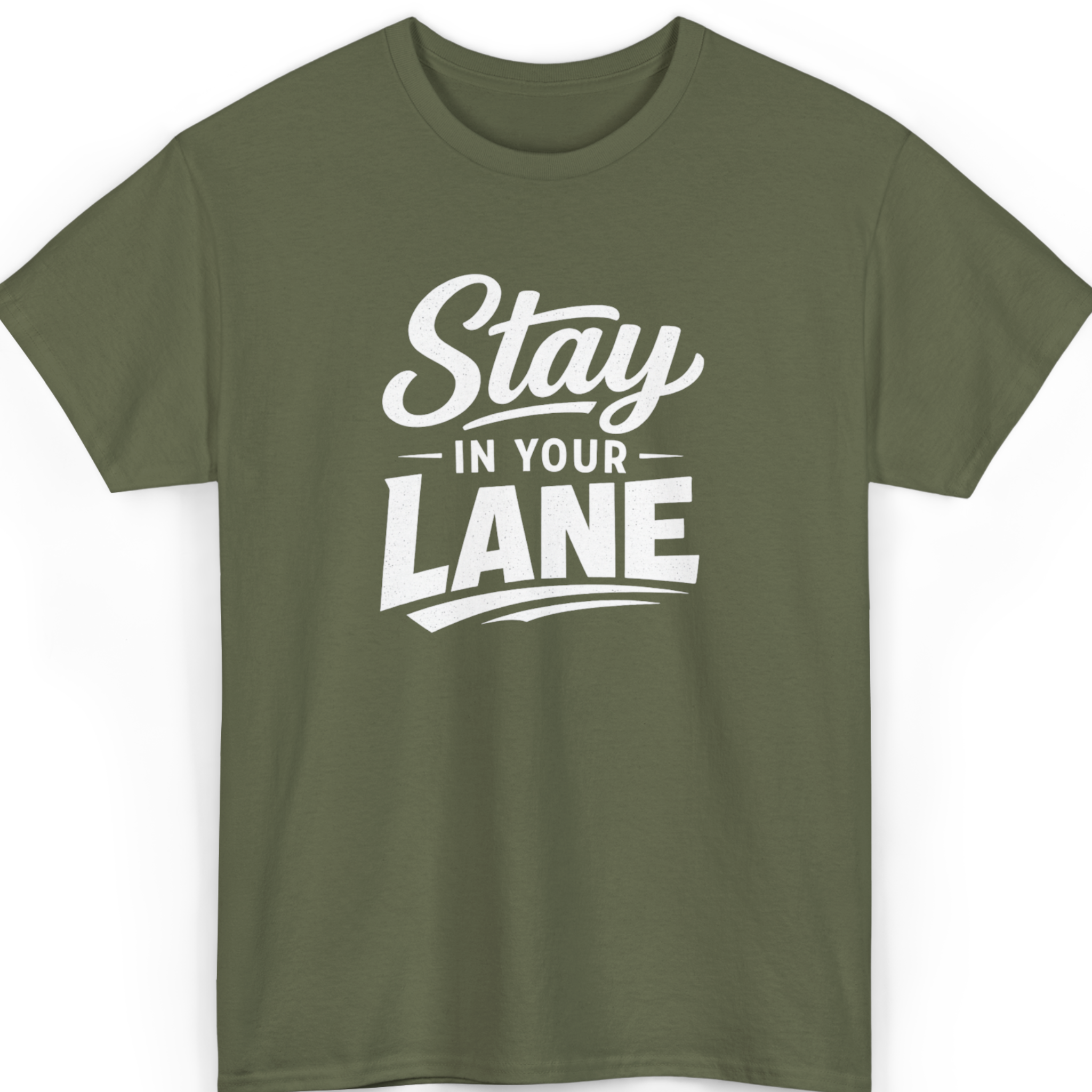 Mayhem Haus Stay In Your Lane T-Shirt in olive green with white text