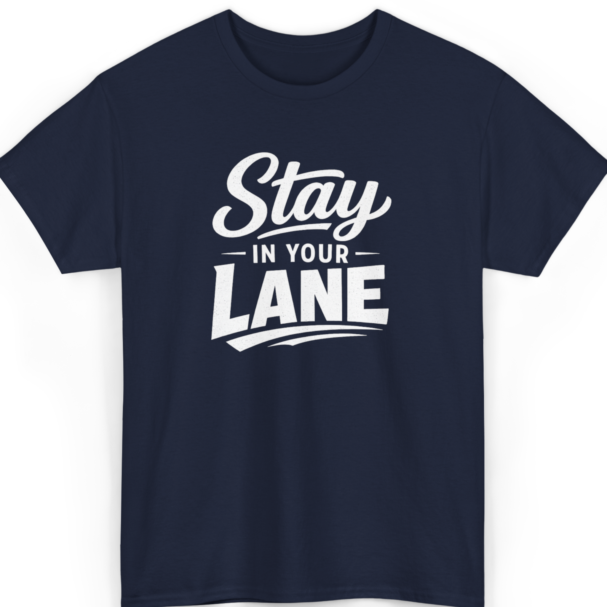 Mayhem Haus Stay In Your Lane T-Shirt in navy with white text