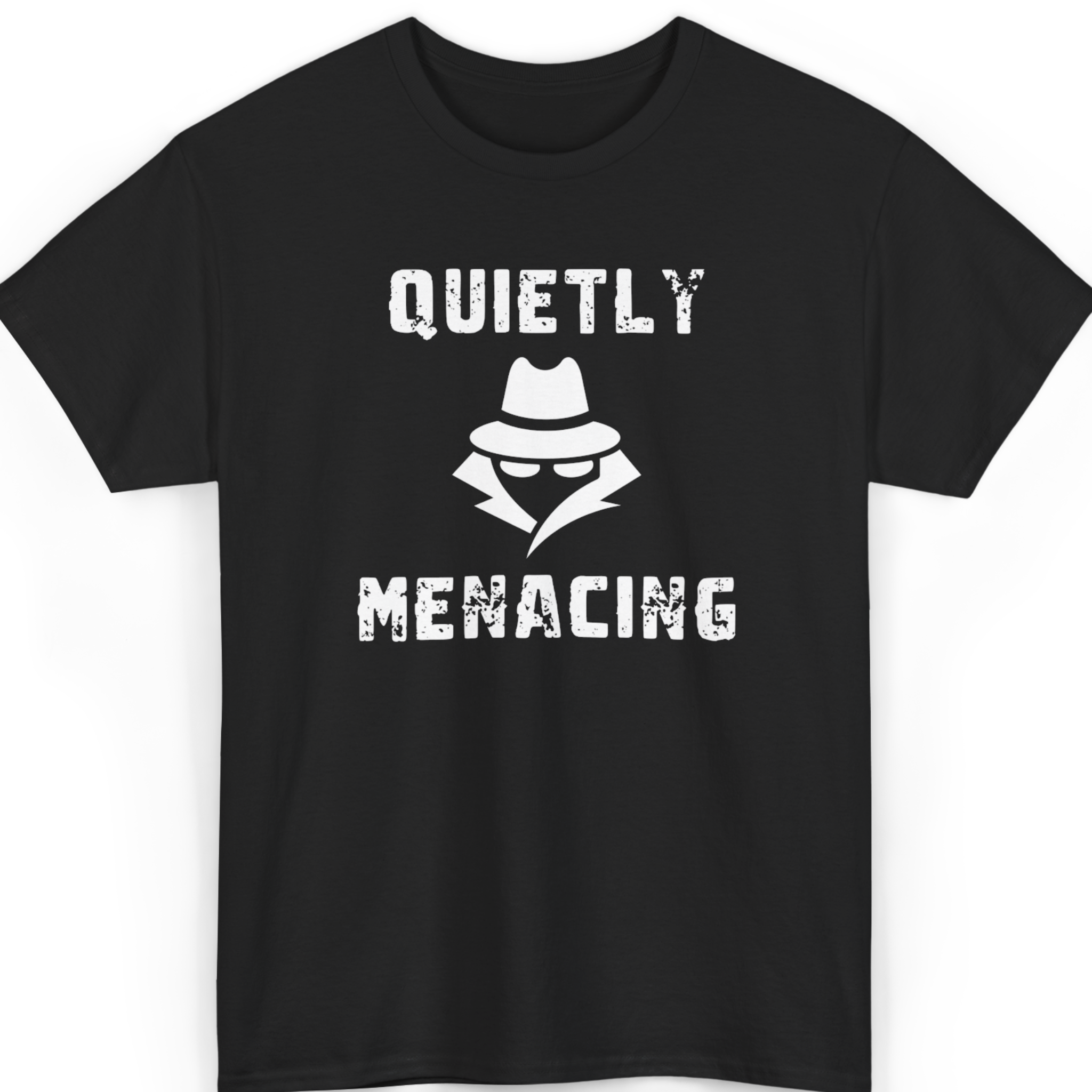 Mayhem Haus Quietly Menacing T-shirt in black with a white graphic of a fedora-wearing figure