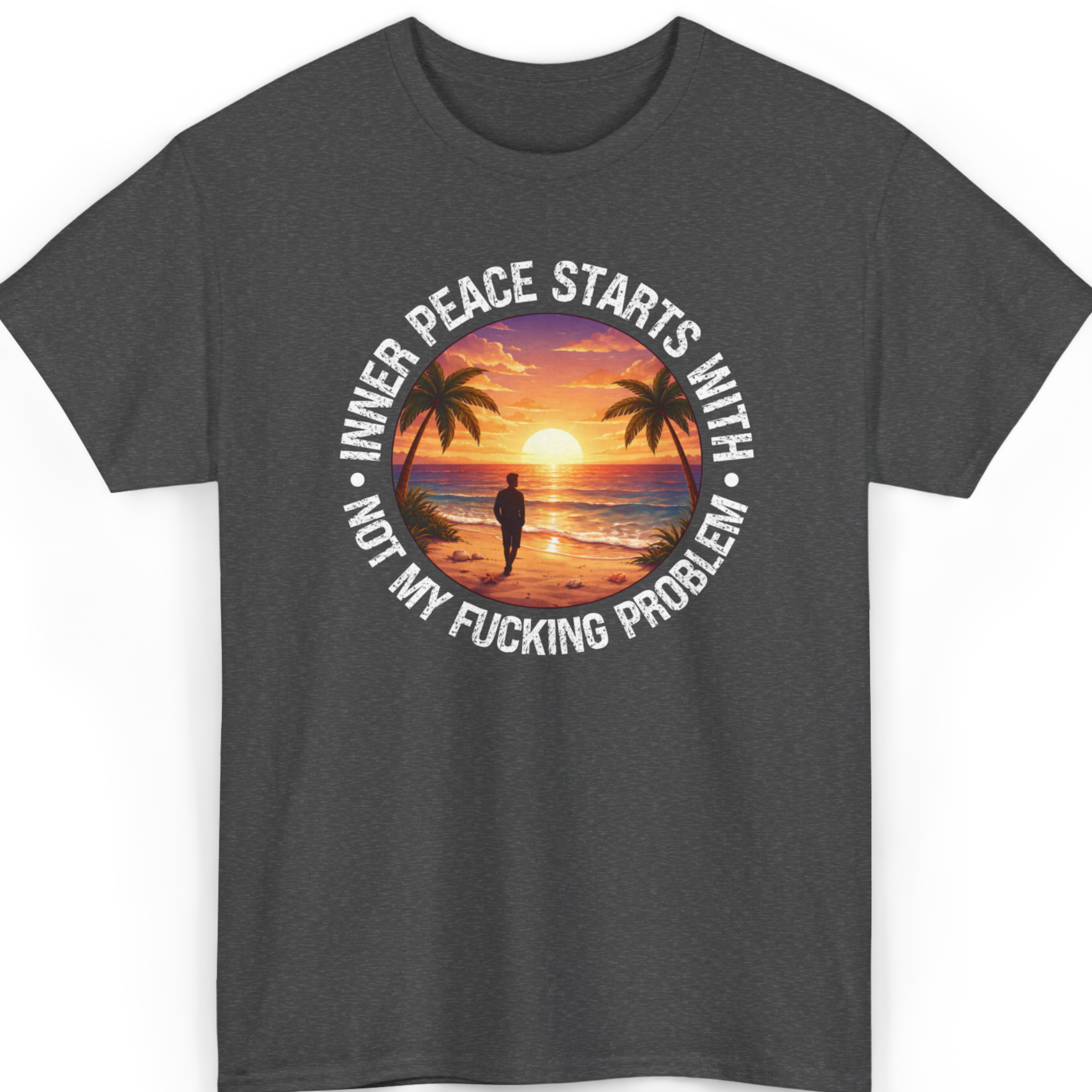 Mayhem Haus Inner Peace T-Shirt with a sunset beach graphic and text