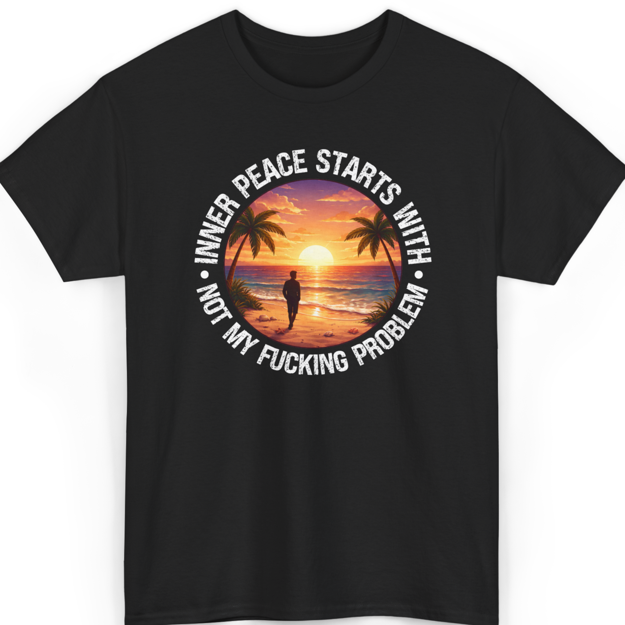 Mayhem Haus Inner Peace T-Shirt with a sunset beach graphic and text