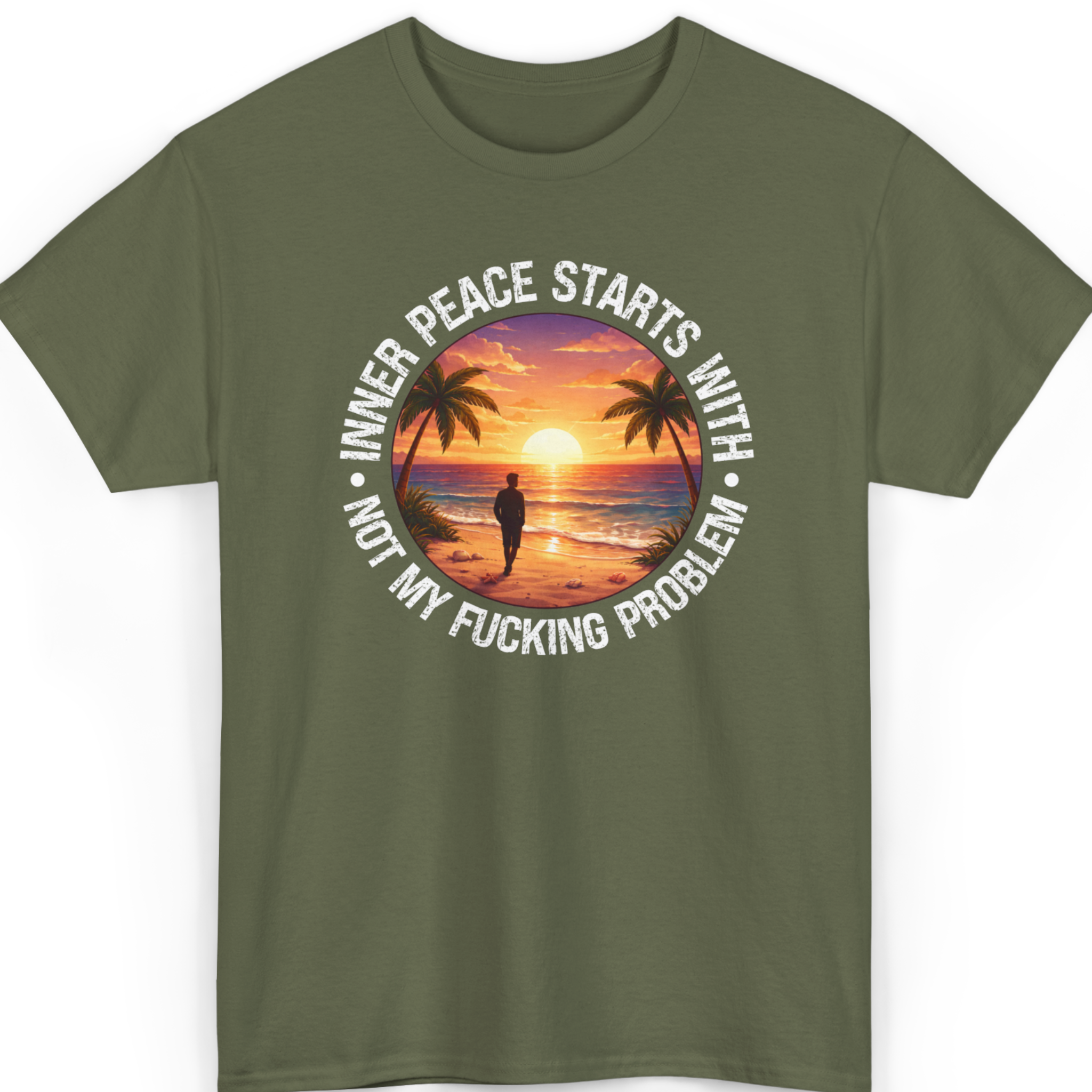 Mayhem Haus Inner Peace T-Shirt with sunset beach graphic and text