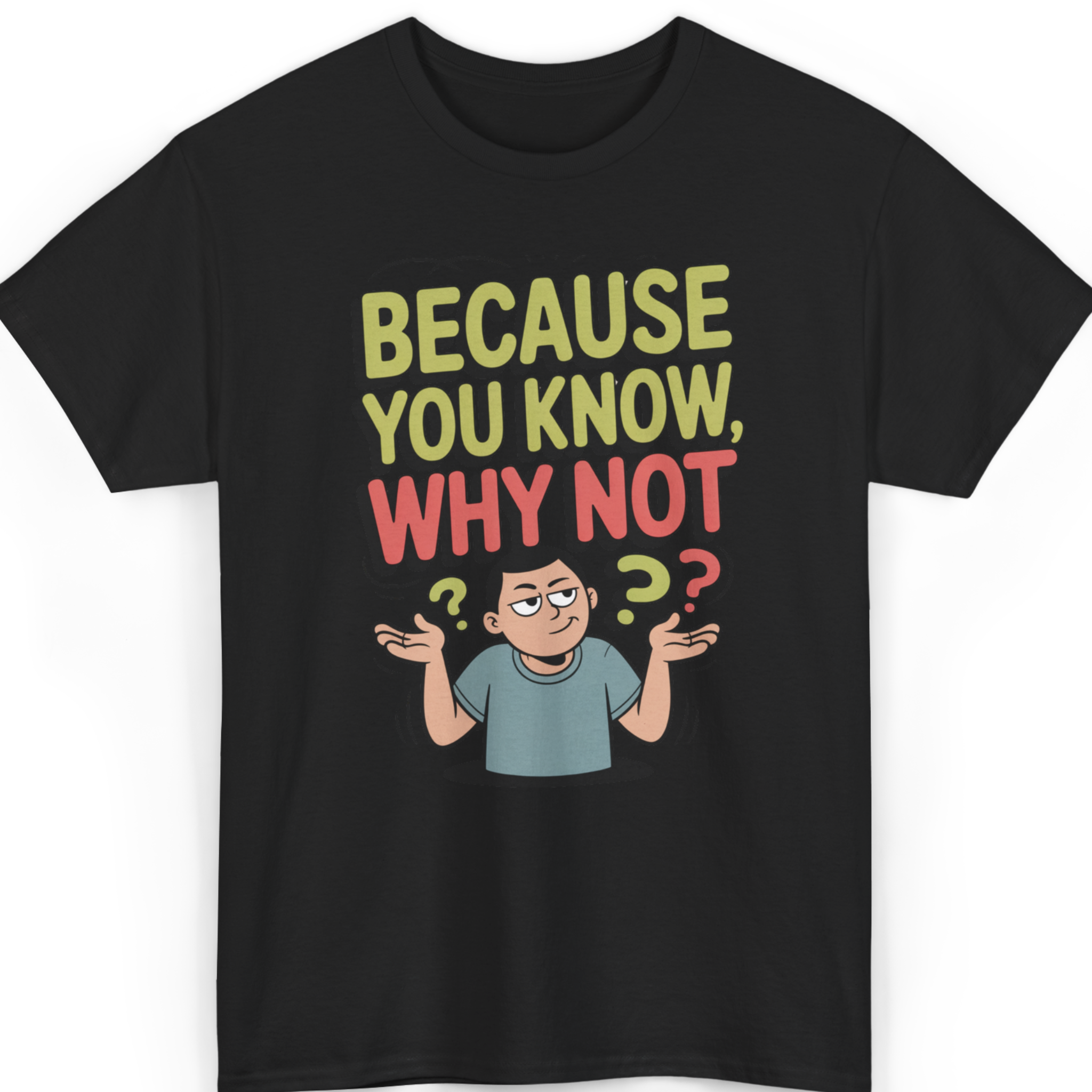 Mayhem Haus Because You Know, Why Not T-Shirt in black with a cartoon shrugging man and text