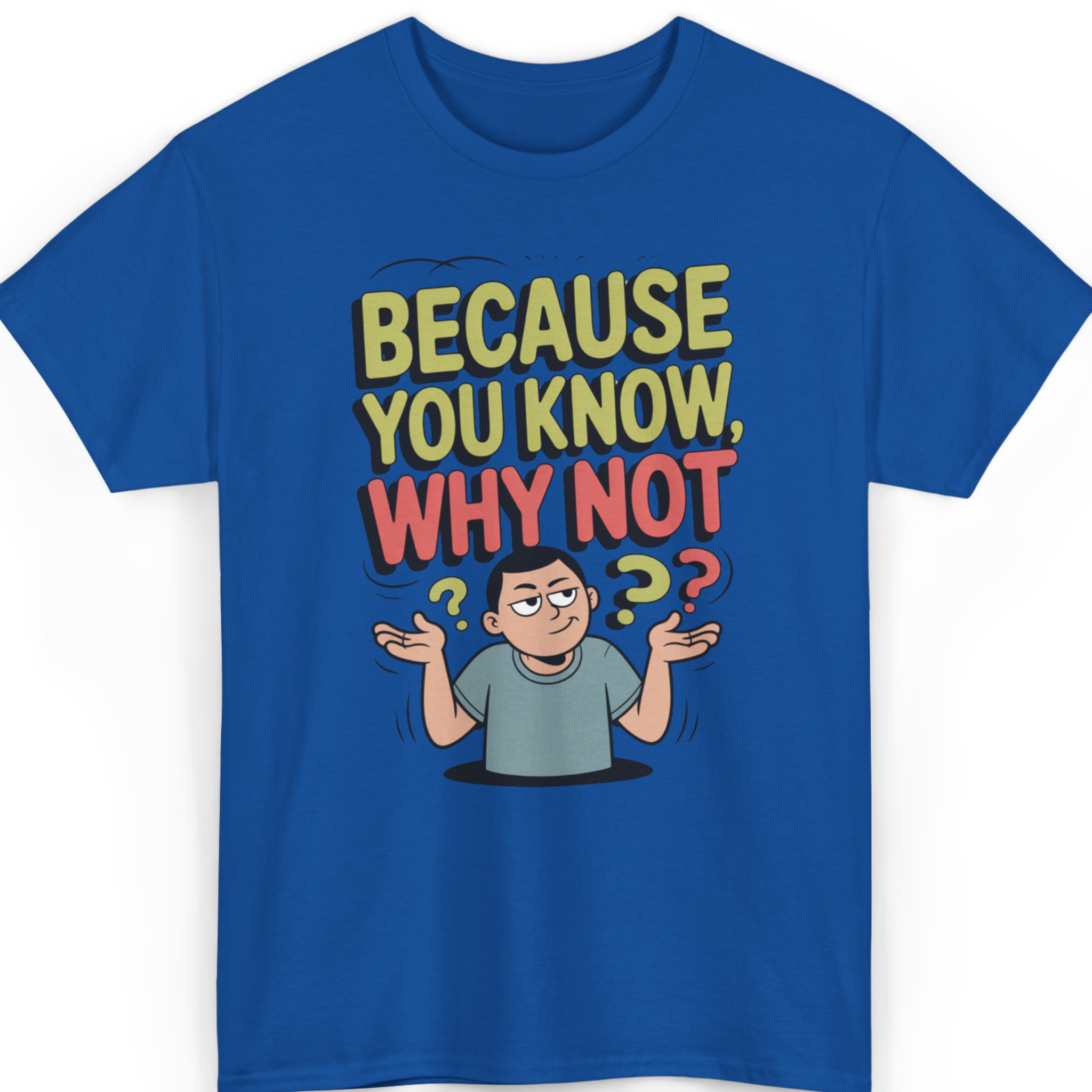 Mayhem Haus Because You Know, Why Not T-Shirt in blue with a cartoon man shrugging