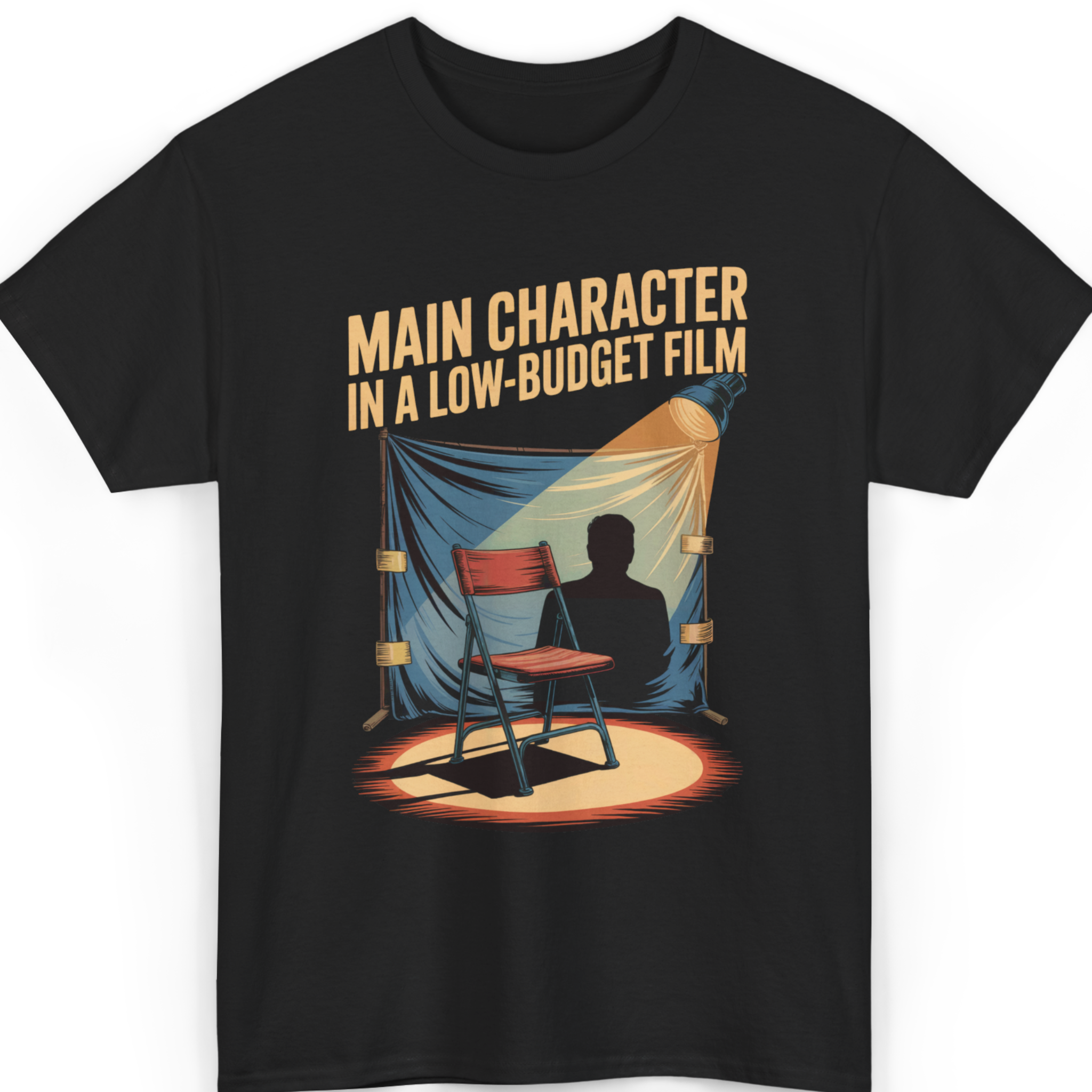 Mayhem Haus Main Character in a Low-Budget Film T-Shirt with a graphic of a film set