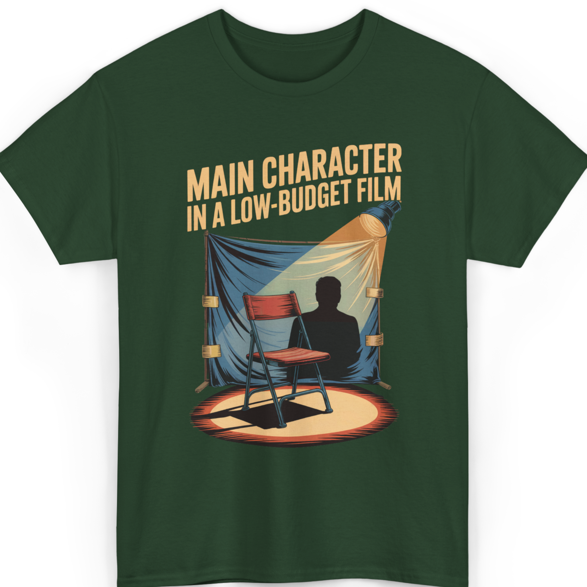 Mayhem Haus Main Character in a Low-Budget Film T-Shirt with a graphic of a director's chair and spotlight