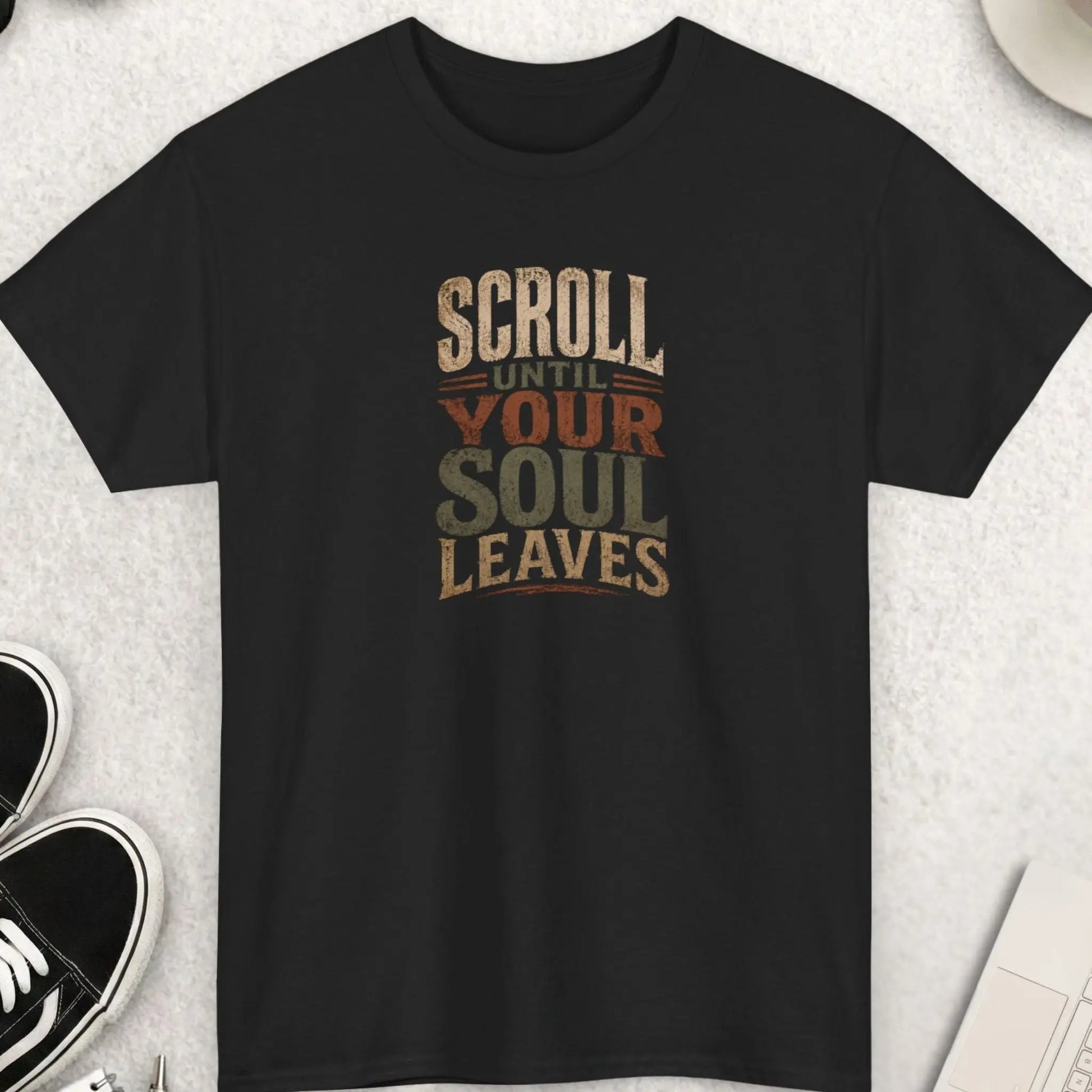 Scroll Until Your Soul Leaves" vintage distressed typography t-shirt on a black background. Bold stacked lettering in cream, burnt orange, and olive green with a grunge texture, retro sarcastic social media humor graphic tee