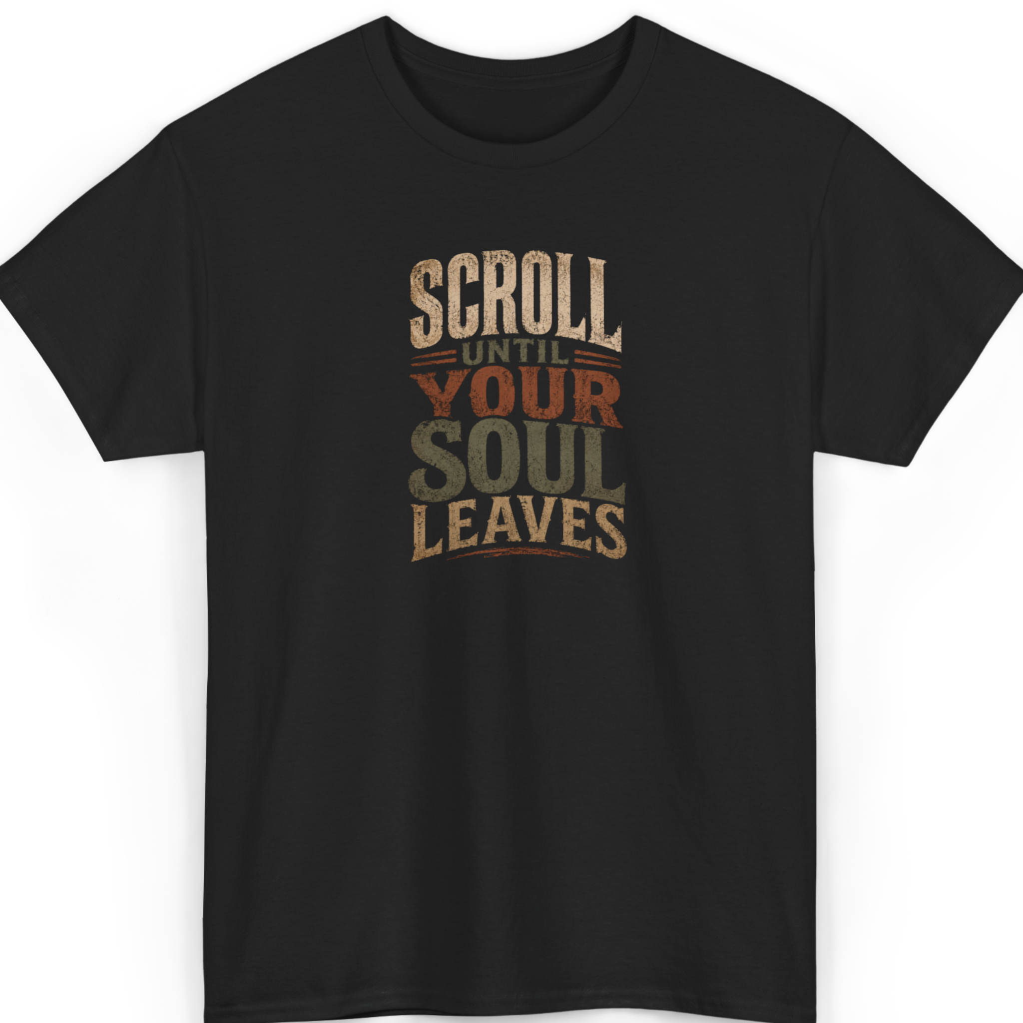 Mayhem Haus Scroll Until Your Soul Leaves T-Shirt in black with distressed text