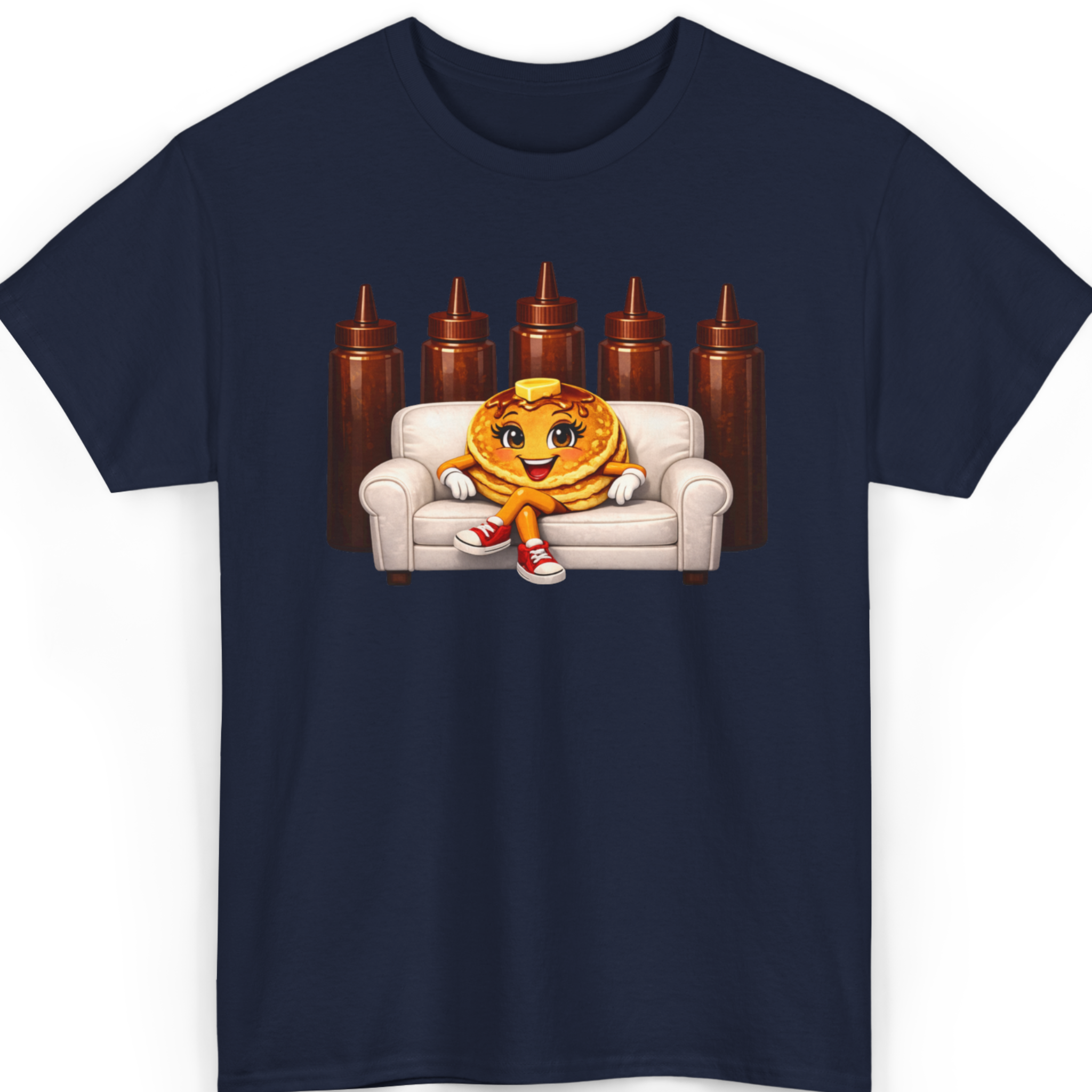 Mayhem Haus I Love Pancakes! T-Shirt with a cartoon pancake on a couch with syrup bottles