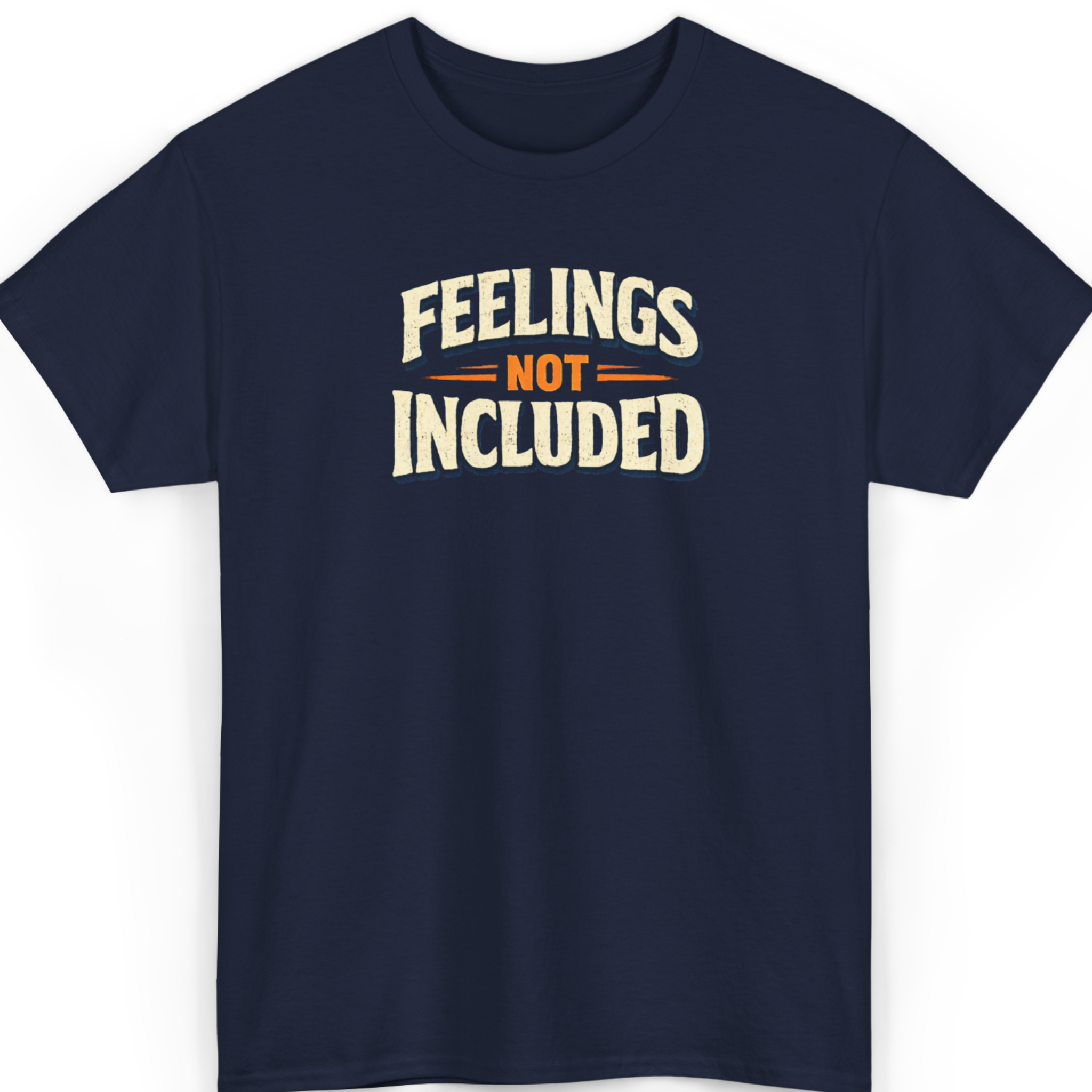 Mayhem Haus Feelings Not Included T-Shirt in navy blue with cream and orange text