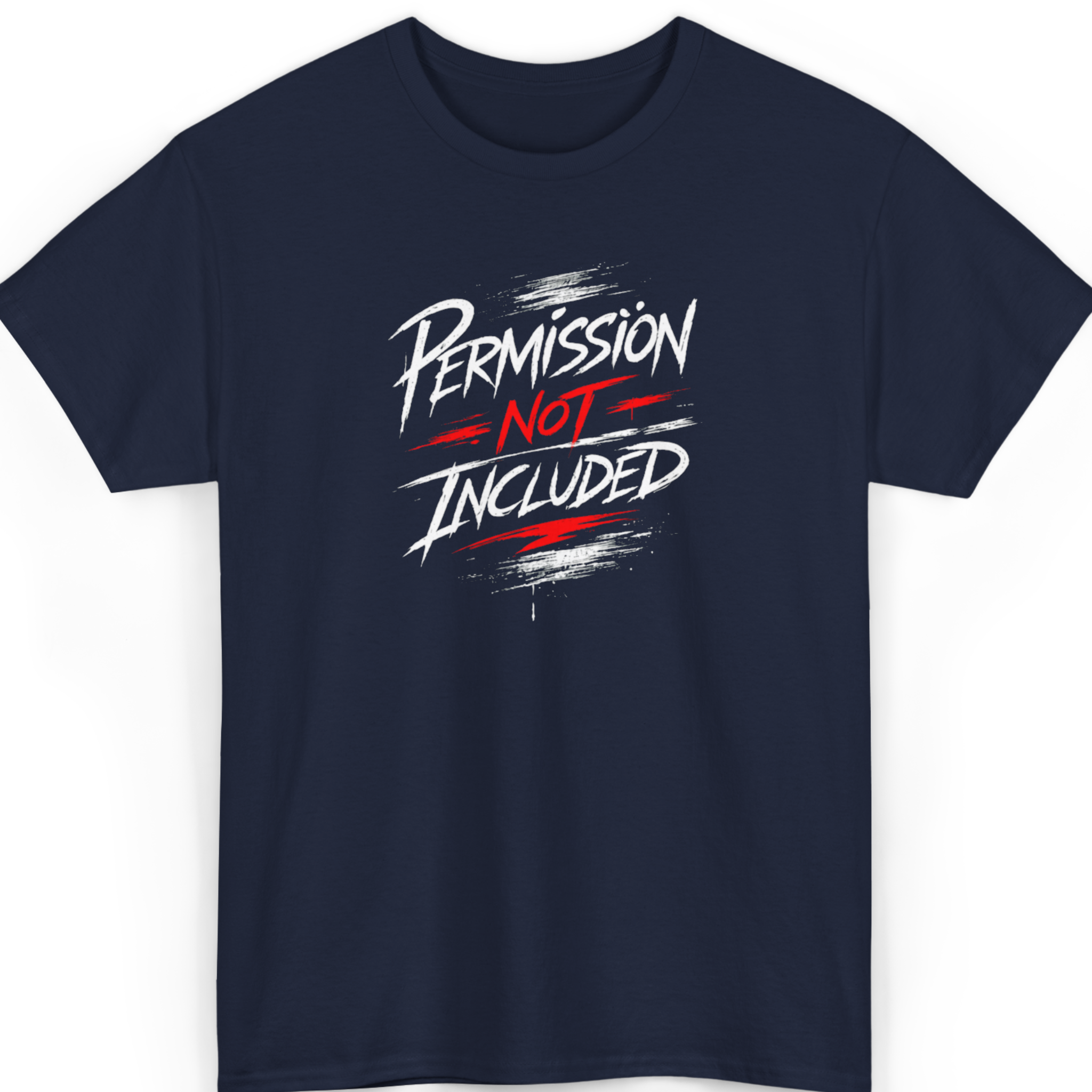 Mayhem Haus Permission Not Included T-Shirt in navy with white and red text