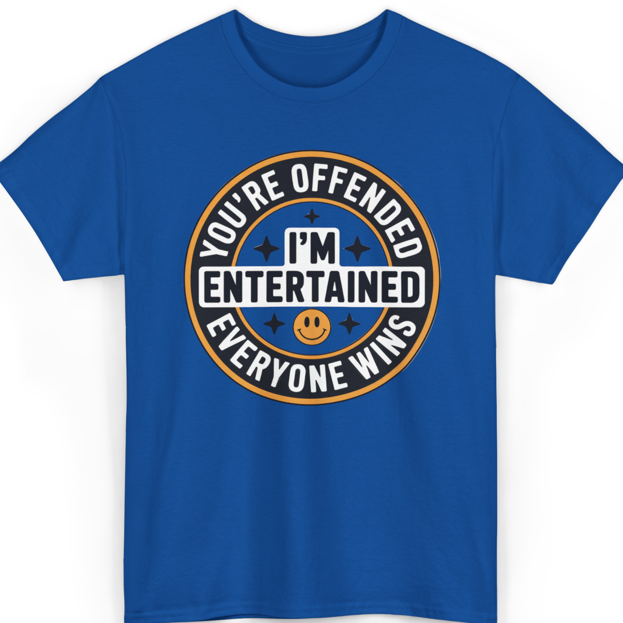 Mayhem Haus You’re Offended I’m Entertained T-Shirt in blue with a circular graphic