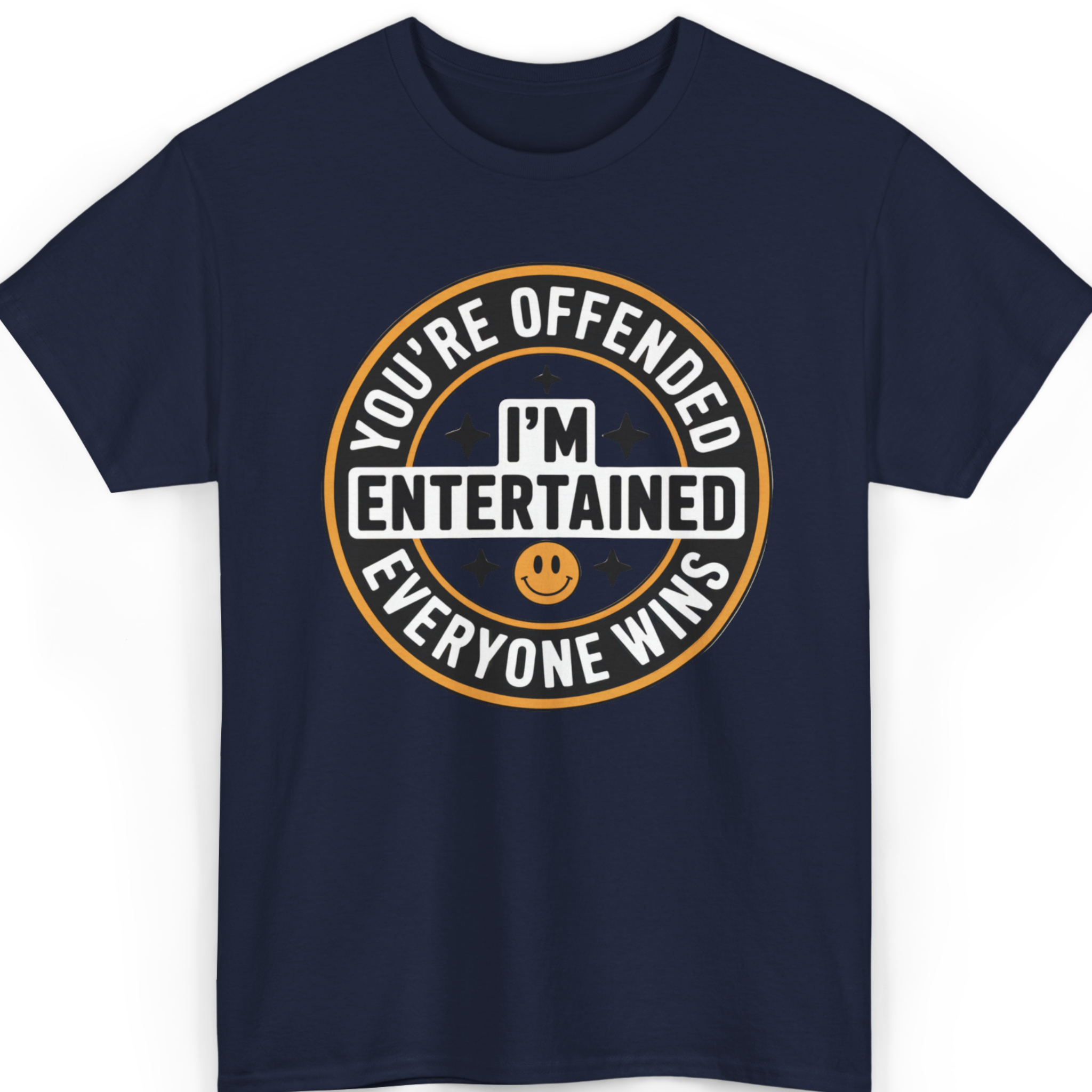 Mayhem Haus You’re Offended I’m Entertained T-Shirt in navy with a circular graphic